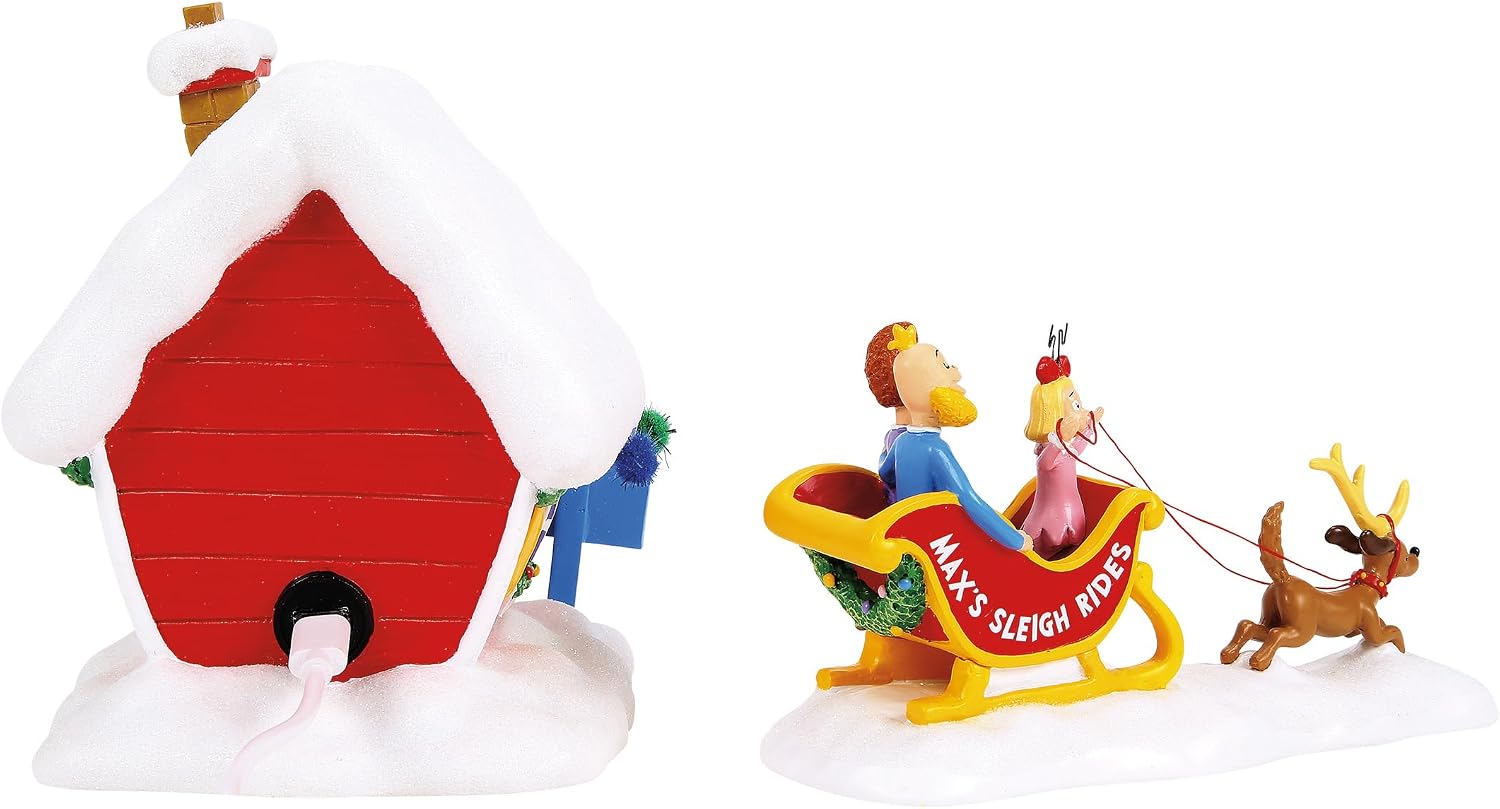 Department 56 Dr. Seuss Grinch Village Max's Sleigh Rides 2-Piece Light Up Building and Figurine Set, 6 Inch, Multicolor