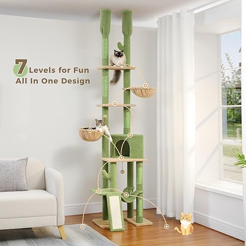 Miniatura 10 de PAWZ Road Árbol para gatos, torre para gatos de piso a techo con altura ajustable (95-108 pulgadas), torre de escalada para gatos de 5 niveles con
