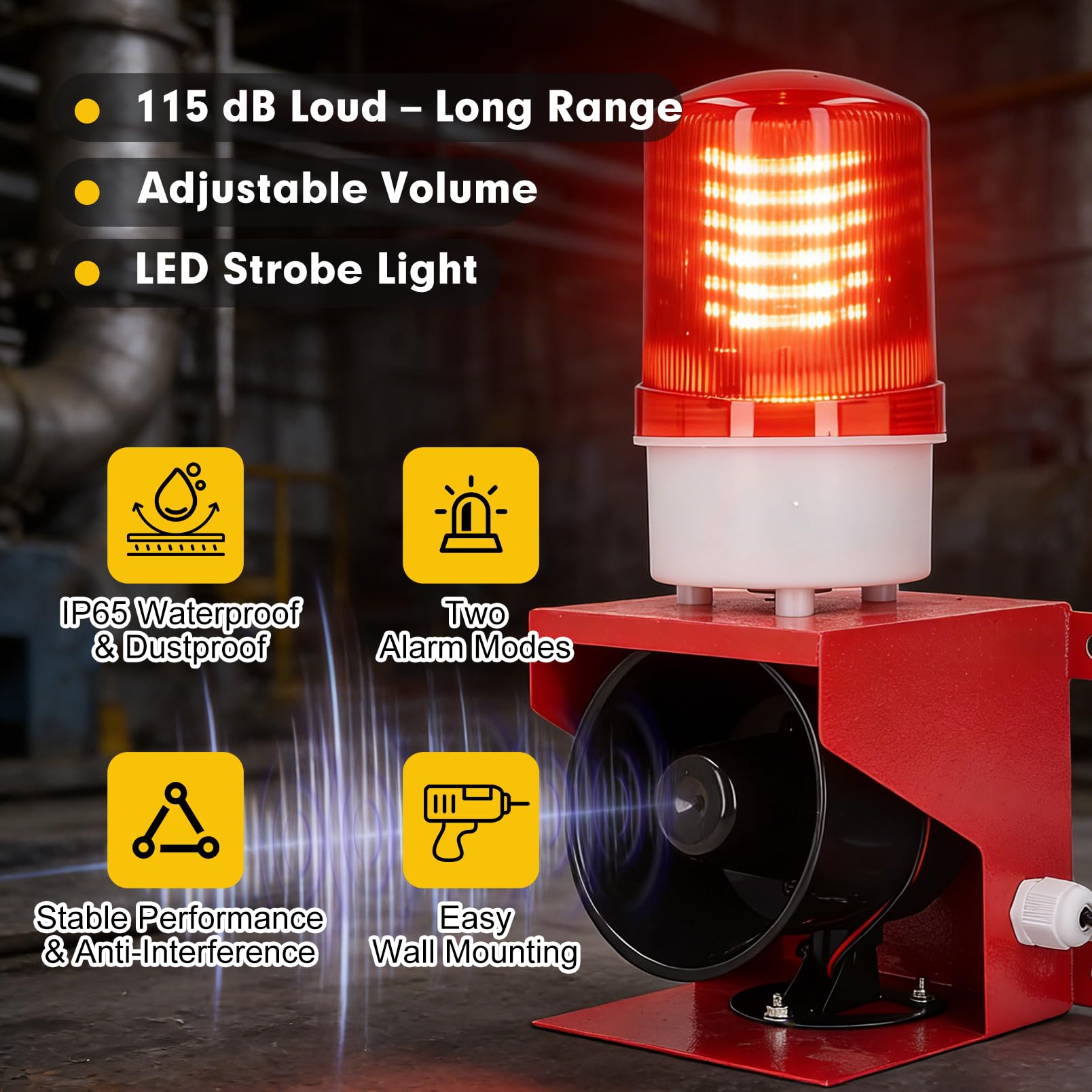 Sirena Industrial 115 dB con Luz LED Intermitente, Volumen Ajustable, IP65 Impermeable, Alarma Acústica y Visual AC 220V, Avisador de Seguridad, Luz de Advertencia LED, Enchufe UE