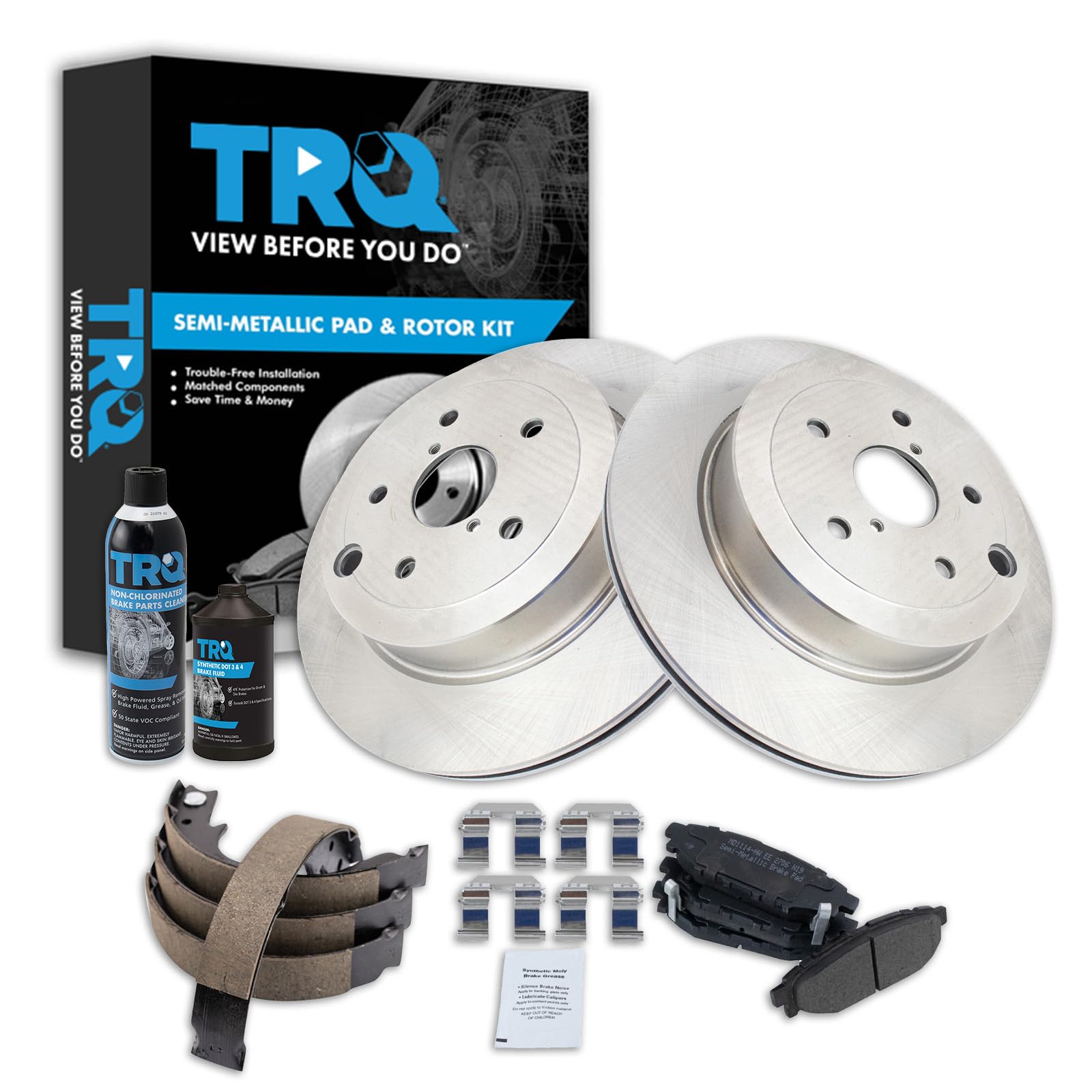 TRQ Rear Brake Pad &amp; Rotor Kit, with Chemical Kit Parking Brake Shoe Set Semi-Metallic Compatible with 2008-2013 Subaru Impreza