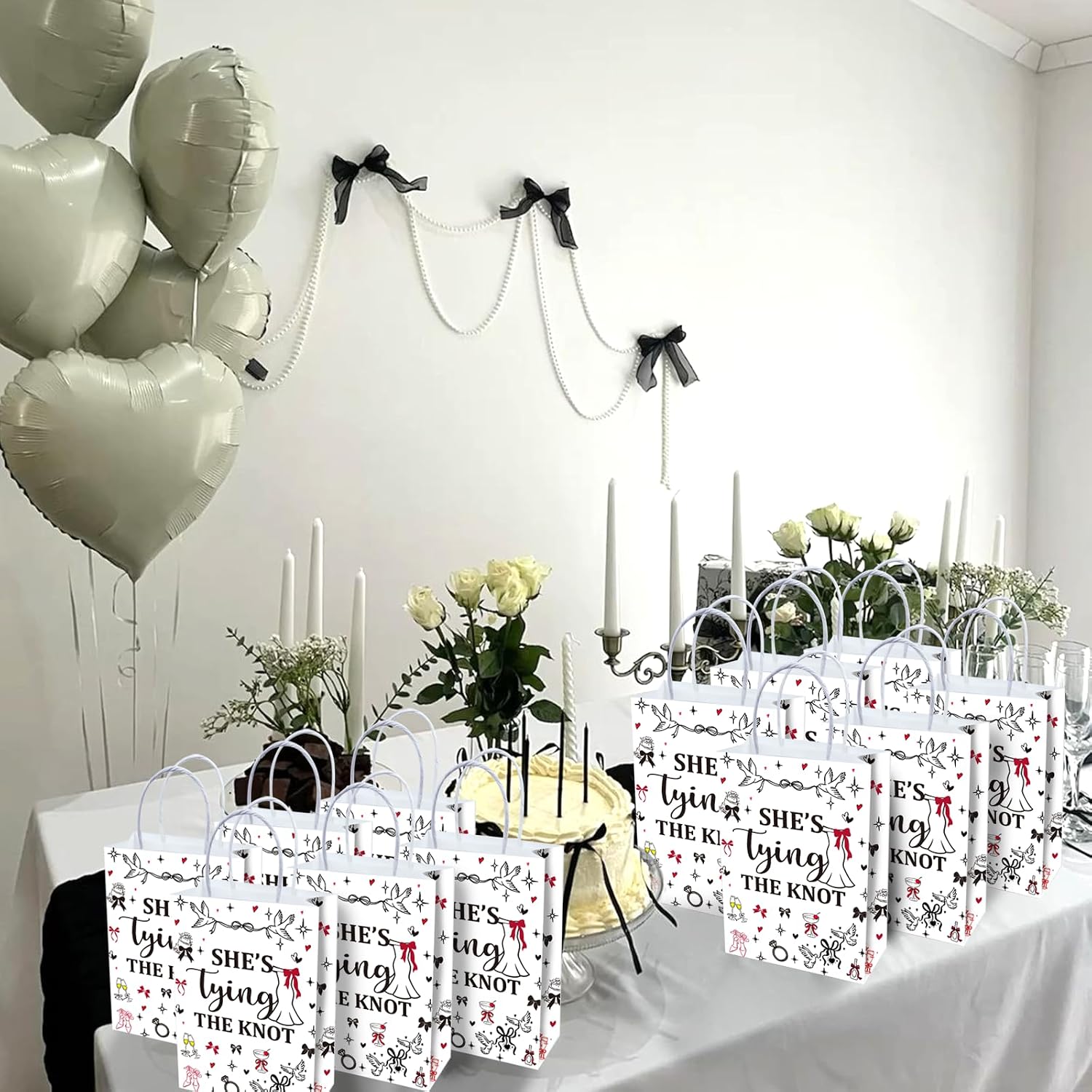 Tyndallrays 16-Pack Black Bow Bridal Shower Goodie Bags with Handles, She's Tying The Knot Favor Bags for Women, Candy Treat Gift Bags for Bachelorette Party, Wedding Bridal Shower Decorations, 5.9 x 3.14 x 8.26 Inches image 2