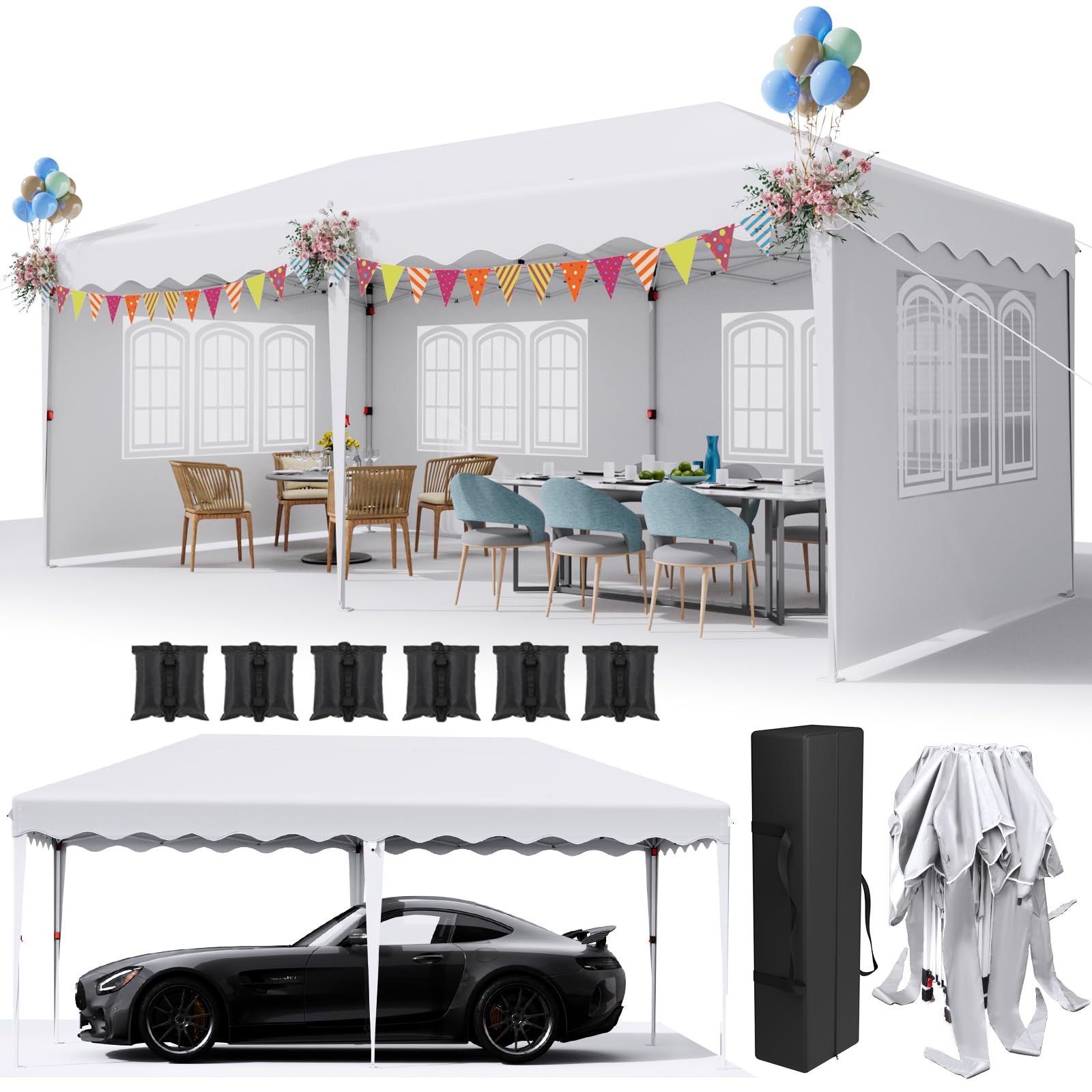Carpa Plegable 3x6, Cenador 3x6, Carpas para Exteriores con 6 Paneles Laterales, con Bolsa de Almacenamiento, 420D Oxford, Impermeable, Protección UV 50+, para Jardin, Camping, Playa, Patio, Blanco