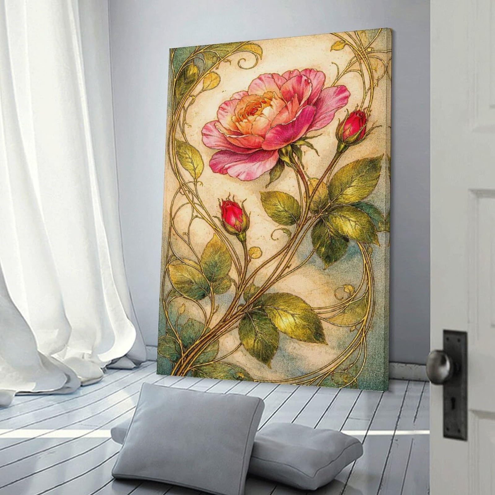 Junmoney Canvas Wall Picture Art Nouveau Rose And Buds, 20x30inch(50x75cm), for Restful Interiors, Bedrooms Or Small Rooms, Home Artwork with A Soft Interior Feel