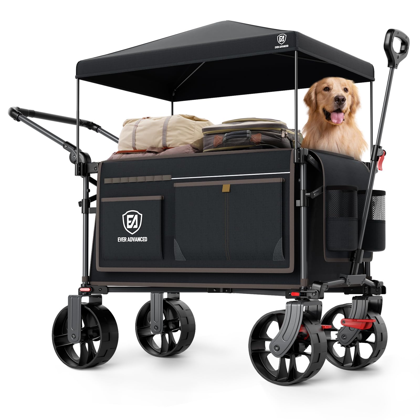 EVER ADVANCED XXL Bollerwagen faltbar 225L bis 150kg mit Bremse Dach Handwagen schieben&ziehen klappbar Strandwagen 20 * 8cm breite Räder Faltwagen für Camping Strand Einkauf Tier Schwarz Groß