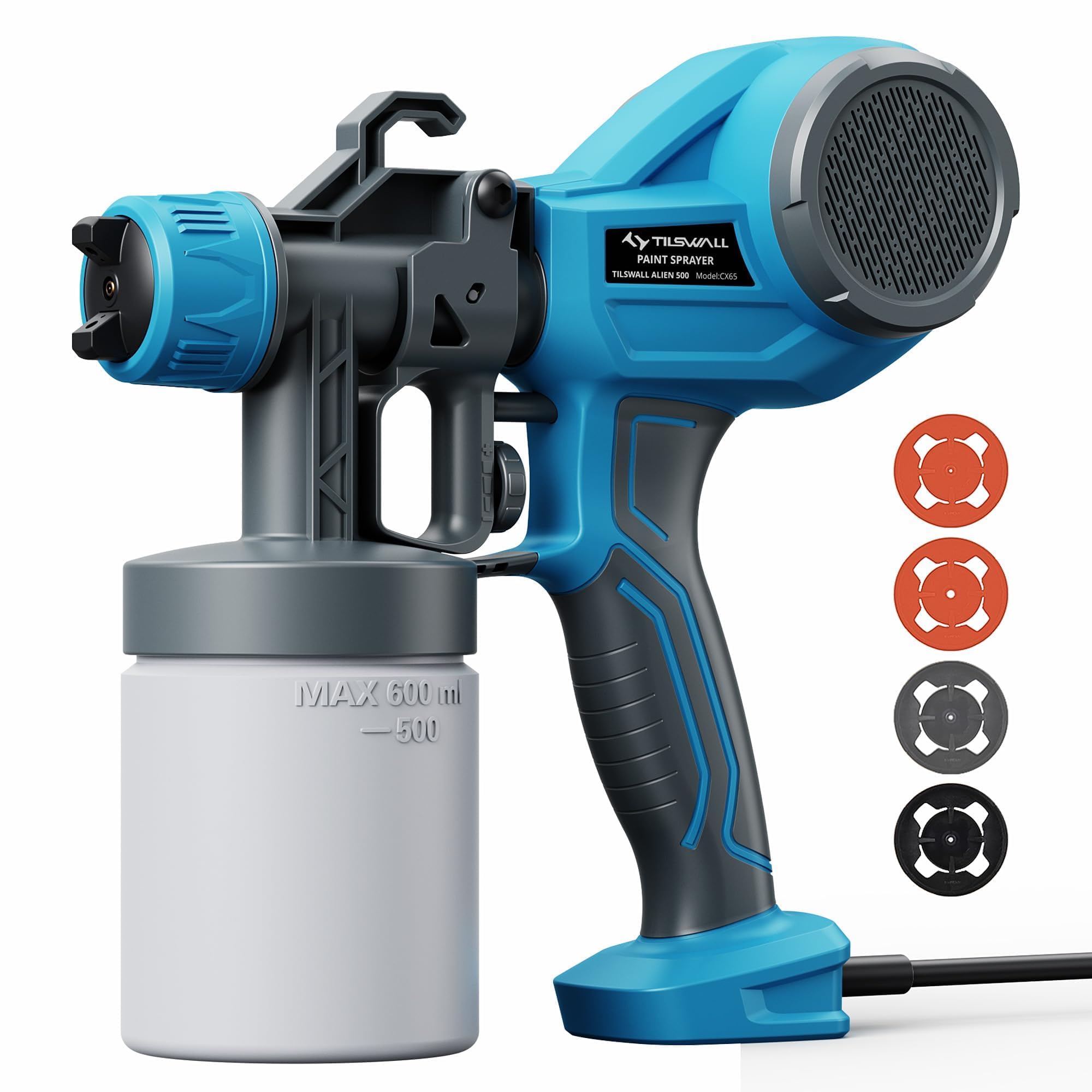 Tilswall Pistola Pintura Alien500 Ideal para Principiantes, Eléctrico Pistola de Pintura Ultraligera Fácil de Usar y Limpiar, Multiusos con 4 boquillas y 3 Patrones para Paredes y Techos