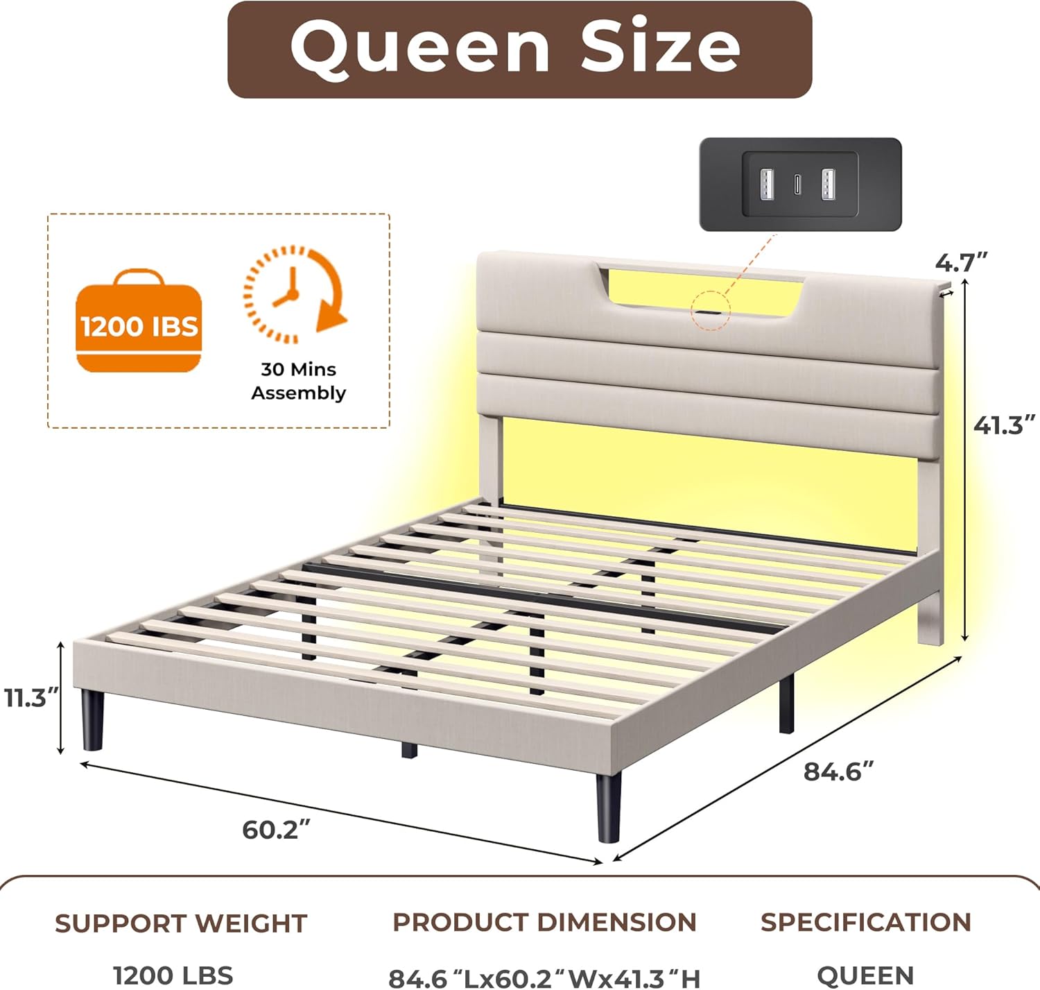 Queen Bed Frame with Charging Station and LED Light, Upholstered Bed Frame Queen Size with Headboard, Wood Bedframe No Box Spring Needed, Easy Assembly, Beige - Image 2