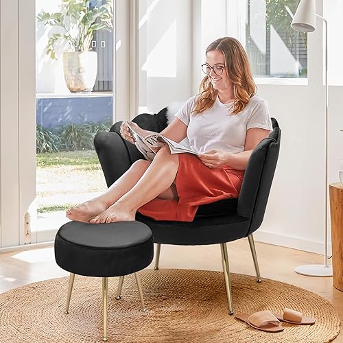 Miniatura 2 de Magshion Moderno sillón tapizado de terciopelo con respaldo festoneado con patas doradas y almohada suave para sala de estar, cómoda silla de