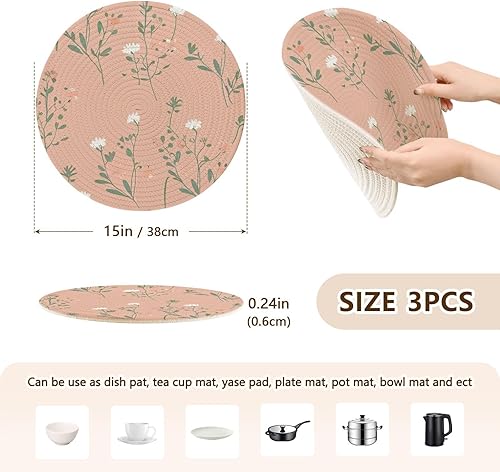 Miniatura 2 de 3 Pcs Trivet Mat Set Pink Green White Floral Floral for Hot Dishes 15in Cotton Thread Weave Large Coasters Cotton Mat for Crock Pot Home Decor
