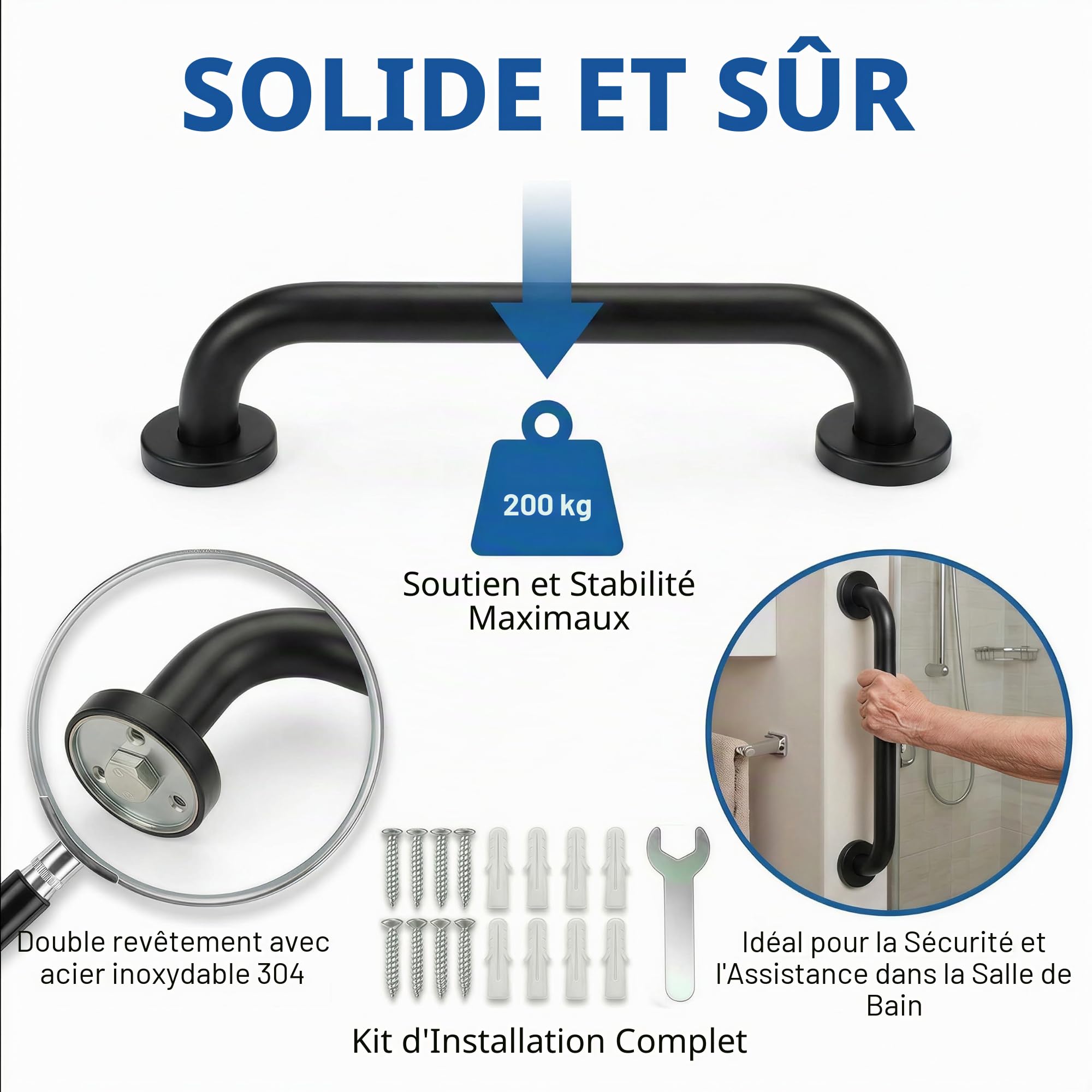 Lot de 2 Barres d'appui 30 cm de Long. 304 Poignée de Acier Inox Poignée Sécurité pour Personnes Agées Barre de Douche pour Toilettes, Salle de Bain, Baignoire