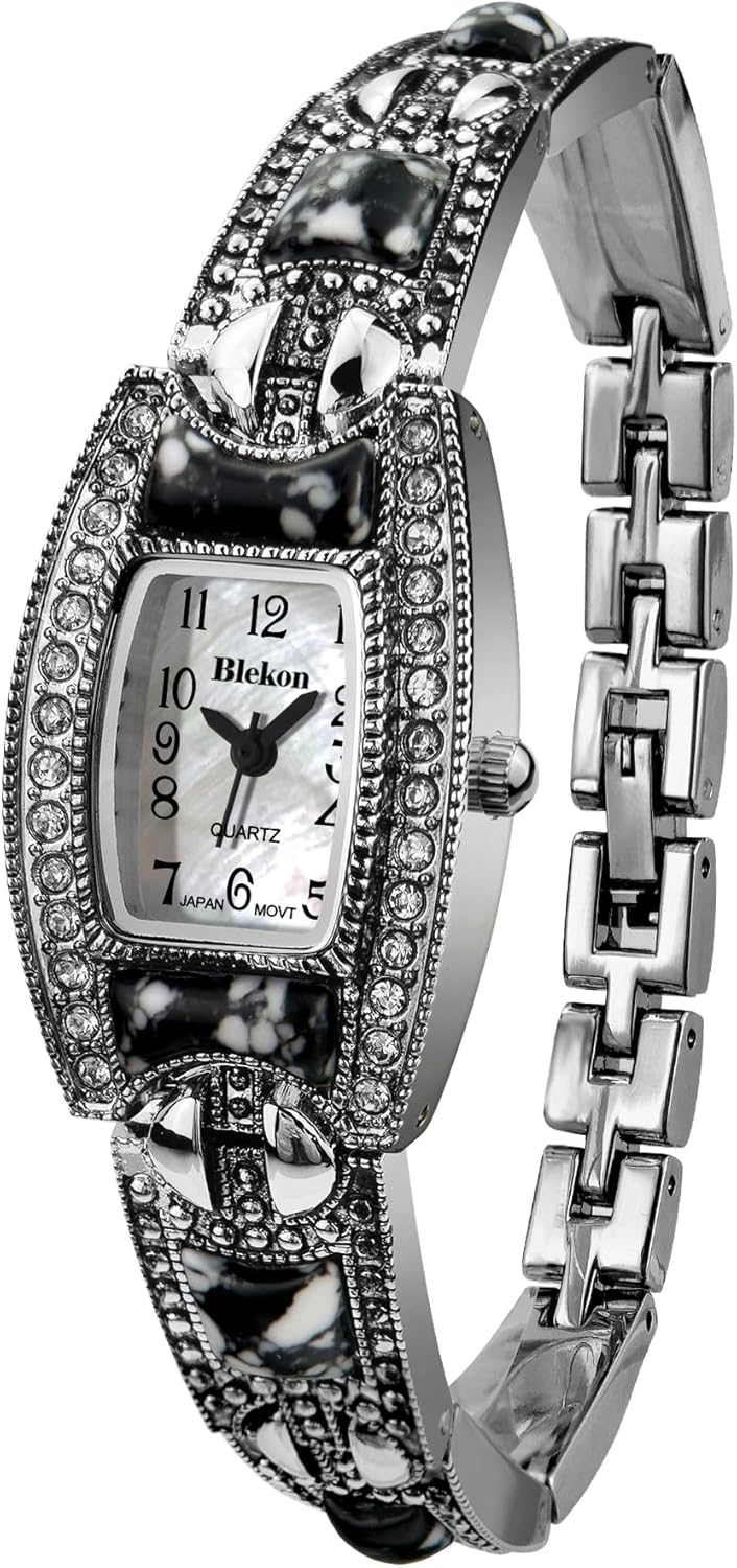 Blekon Collections Japanese Quartz Ladies Square Stones 21mm Case Pearl Dial Metal Link Bracelet Fashion Watch