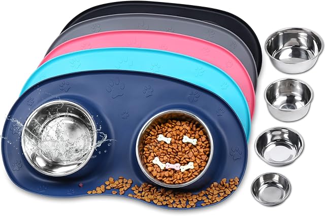 VIVAGLORY Dog Bowls 355ml Each Stainless Steel Cat Puppy Water and Food Bowls with Wider Non-Skid Non-Spill Silicone Mat, Navy Blue