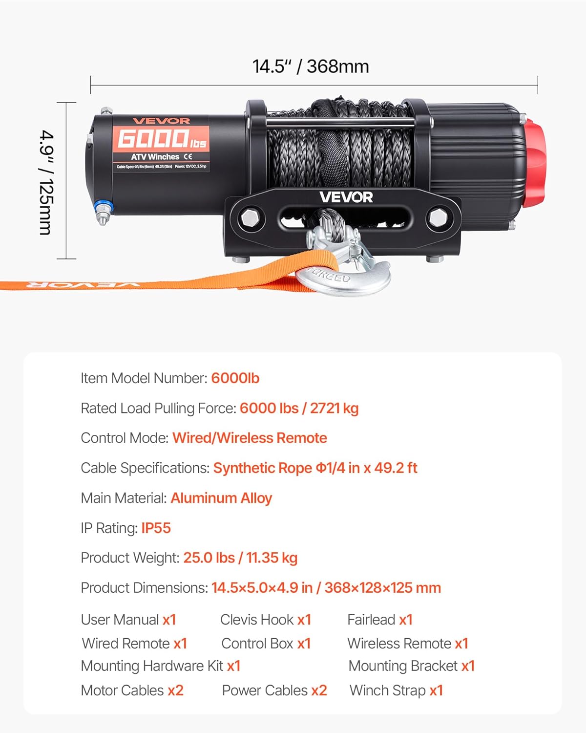 VEVOR 6000 lbs Electric Winch, 12V DC ATV/UTV Winch with Φ0.24 in x 49.2 ft Synthetic Rope, Wireless & Wired Remote Control, IP55 Waterproof, with Fairlead Mount Plate for Towing ATV UTV Off-Road