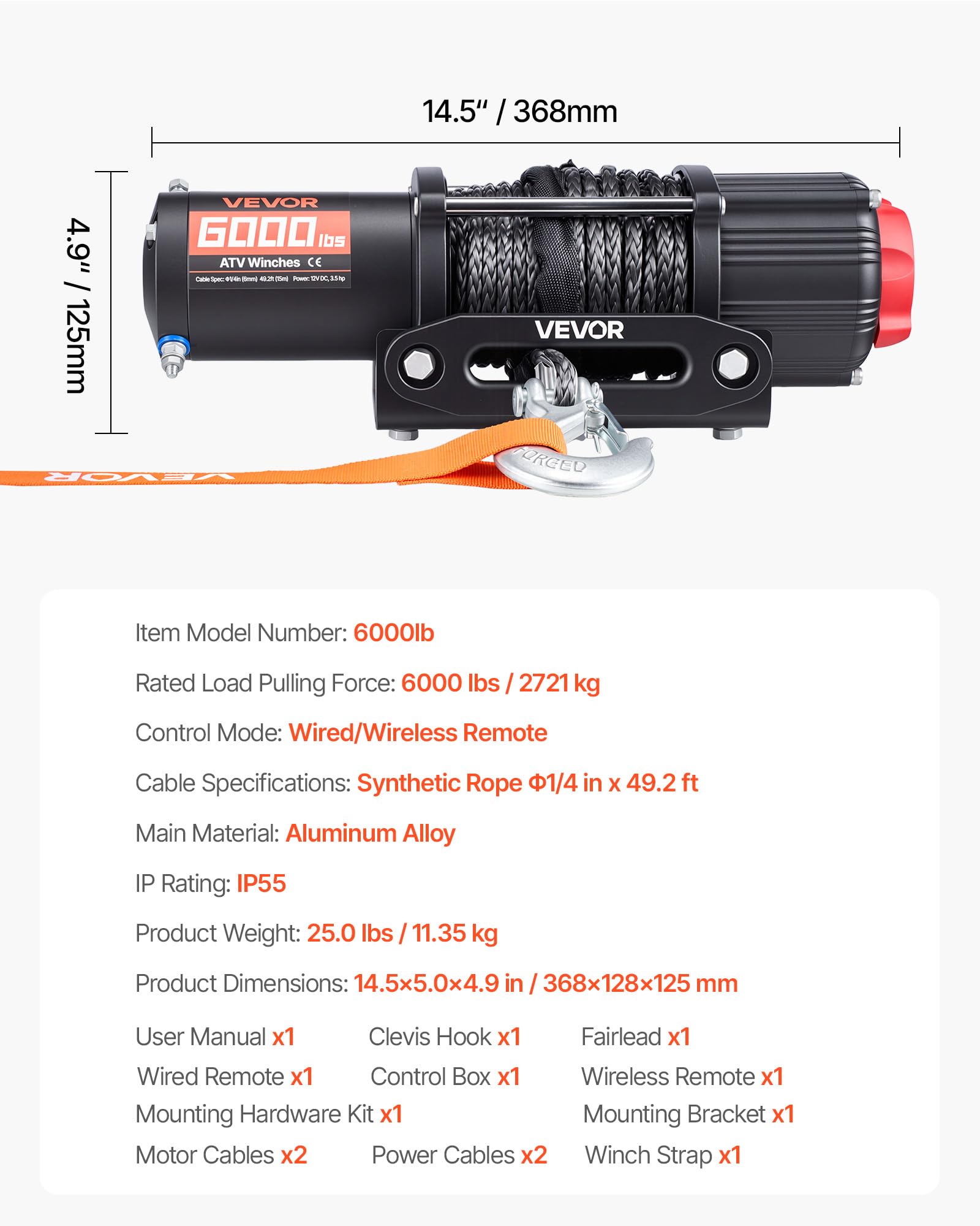 VEVOR Verricello Elettrico con Cavo Metallico da 2721 kg, Verricello Elettrico da 12 V CC per ATV/UTV Fuoristrada con Fune Sintetica Ø 6 mm x 15 m, Telecomando Wireless e Cablato, Impermeabile IP55