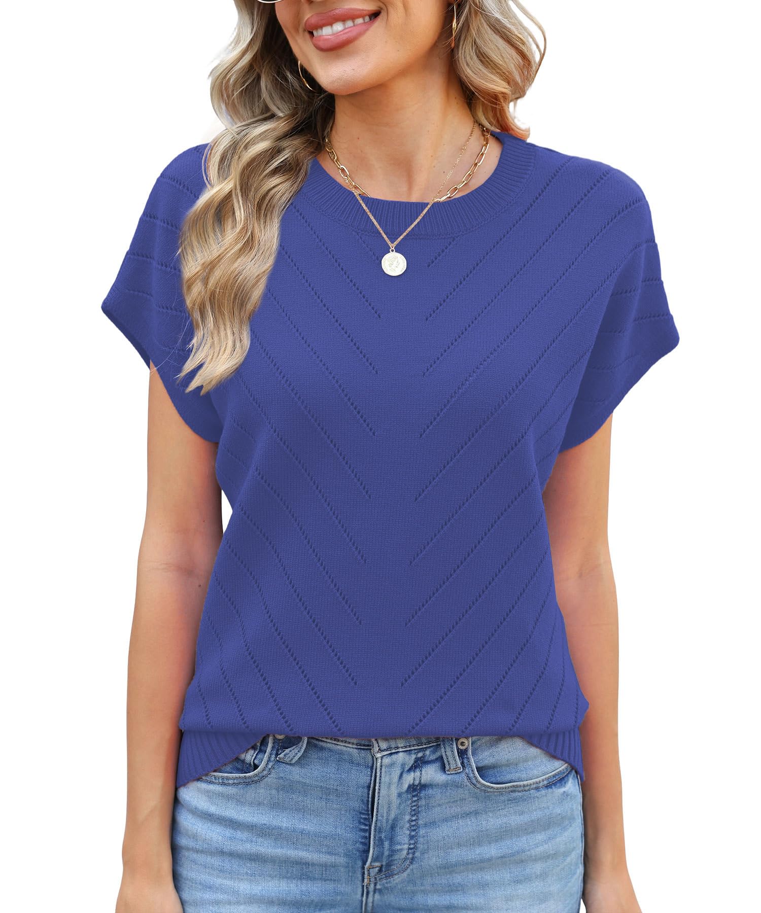JomeDesign Short Sleeve Sweater for Women Crewneck Trendy Summer Tops 2026 Travel Business Casual Outfits