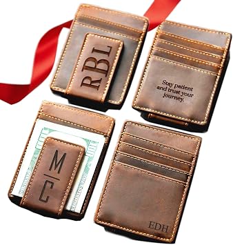 EURYNOME Personalized Leather Money Clip for Men, Custom Engraved Full Grain Front Pocket Wallet, Magnetic Slim Card Holder, Valentines Day Gift for Husband, Father, Grandpa, Boyfriend