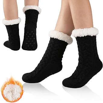 Womens Warm Slipper Socks Winter Knit Fuzzy Cozy Thick Fleece Lined Socks with Grippers Thermal Home Socks