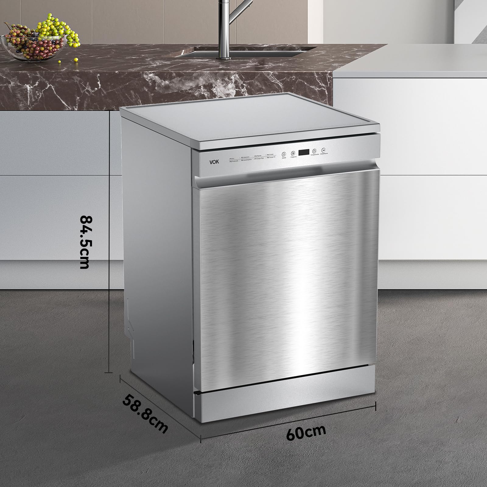 VOK Lavavajillas 60 cm 14 Cubiertos Inox – 3ª Bandeja, 8 Programas, 47 dB Silencioso, Apertura Automática, Aquastop, Cesta Ajustable – Eficiencia Energética C – Instalación Incluida