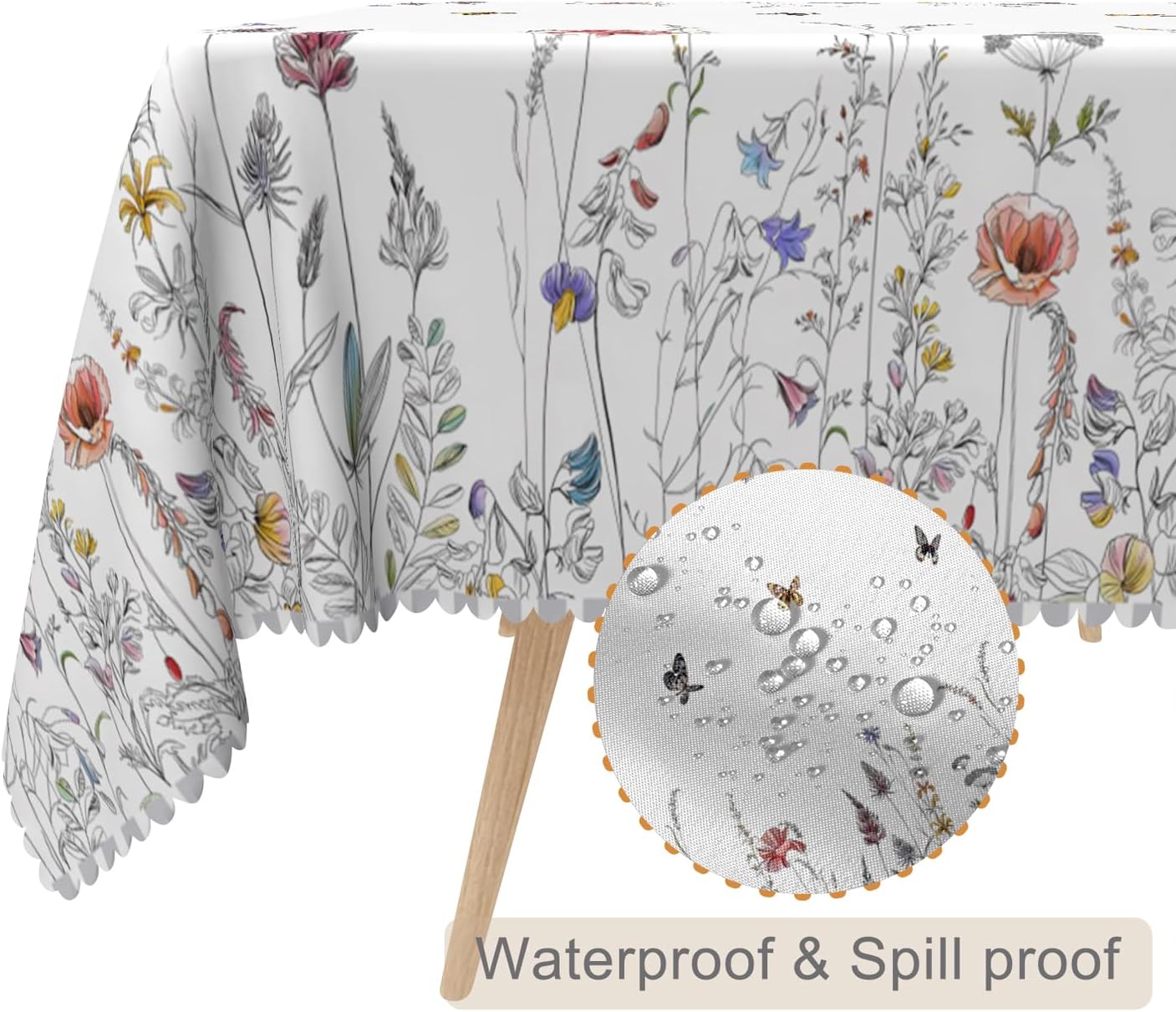 70x108inches Floral Rectangle Tablecloth Spring Summer Wild Flower Butterfly Table Cloth Waterproof and Stain Resistant Table Cover for Kitchen Table Dining Room Holiday Parties Patio Picnic