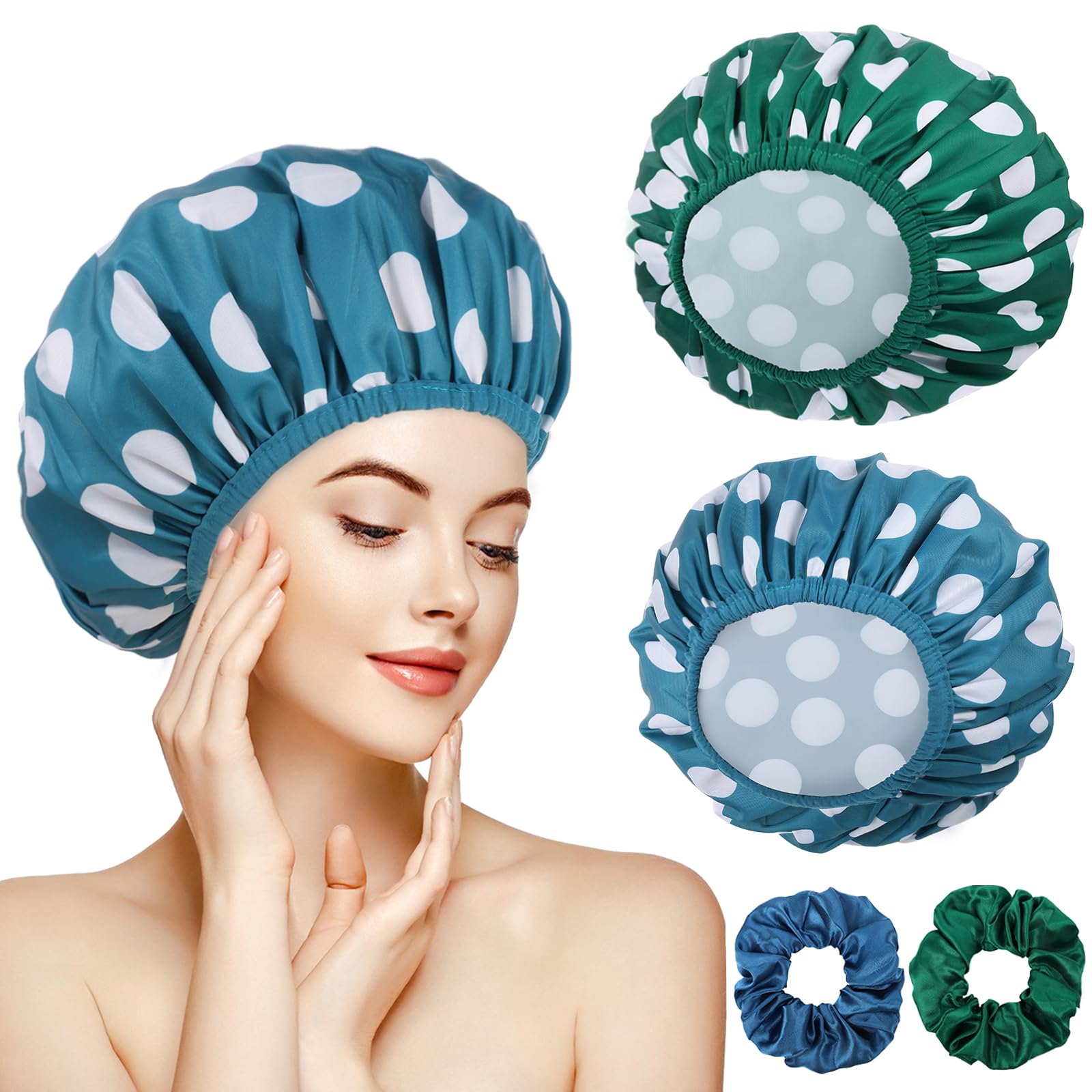 Paquete de 2 gorros de ducha grandes para mujer, reutilizables, impermeables, con coleteros para cabello largo y grueso (azul/verde)