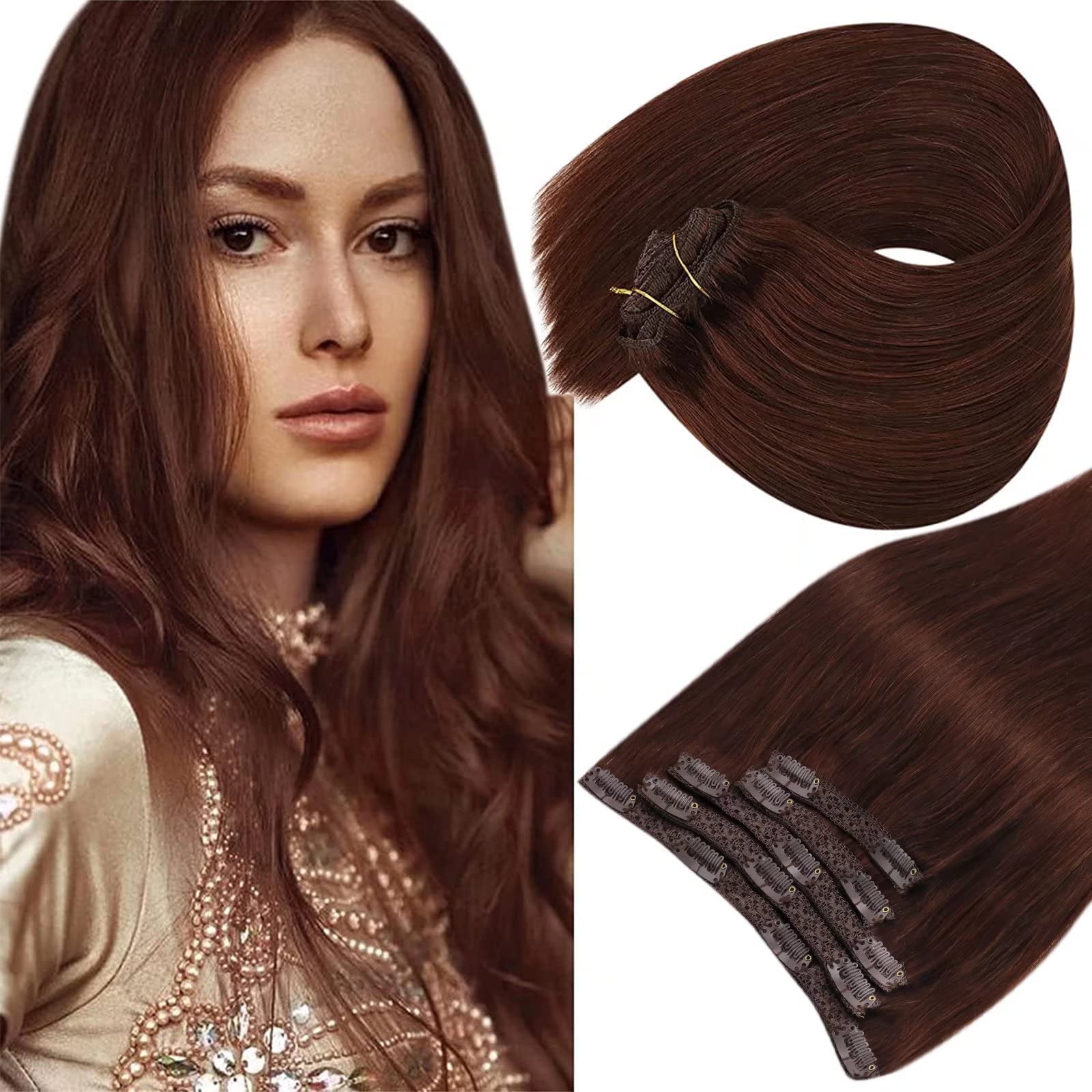 Sunny Clip in Real Hair Extensions Auburn Red Clip in Hair Extension Dark Auburn Remy Human Hair Cli