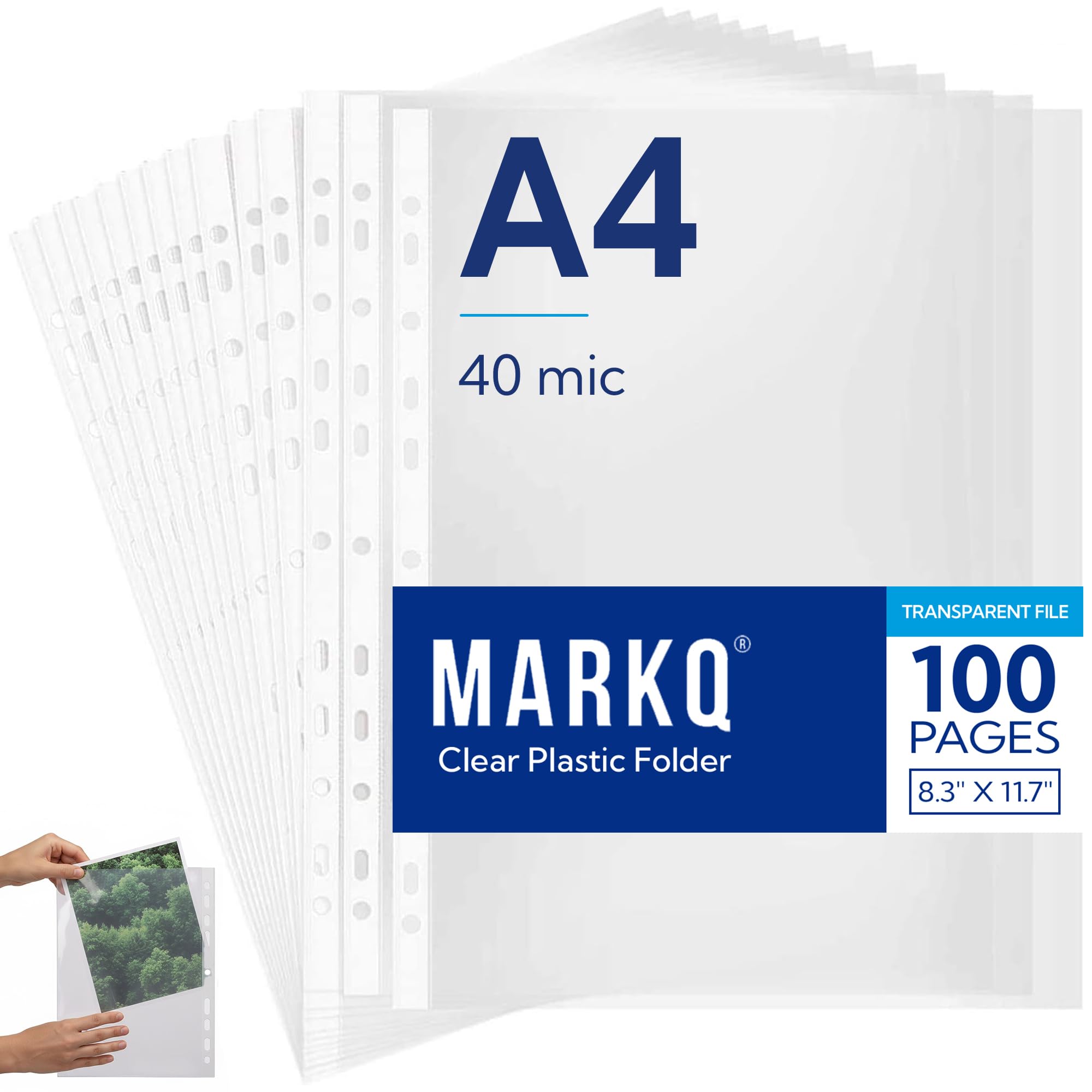 MARKQ A4 Transparent file, 100 Pcs Clear Plastic Folder Punched Pockets for Filing Paper & Documents (40 mic)