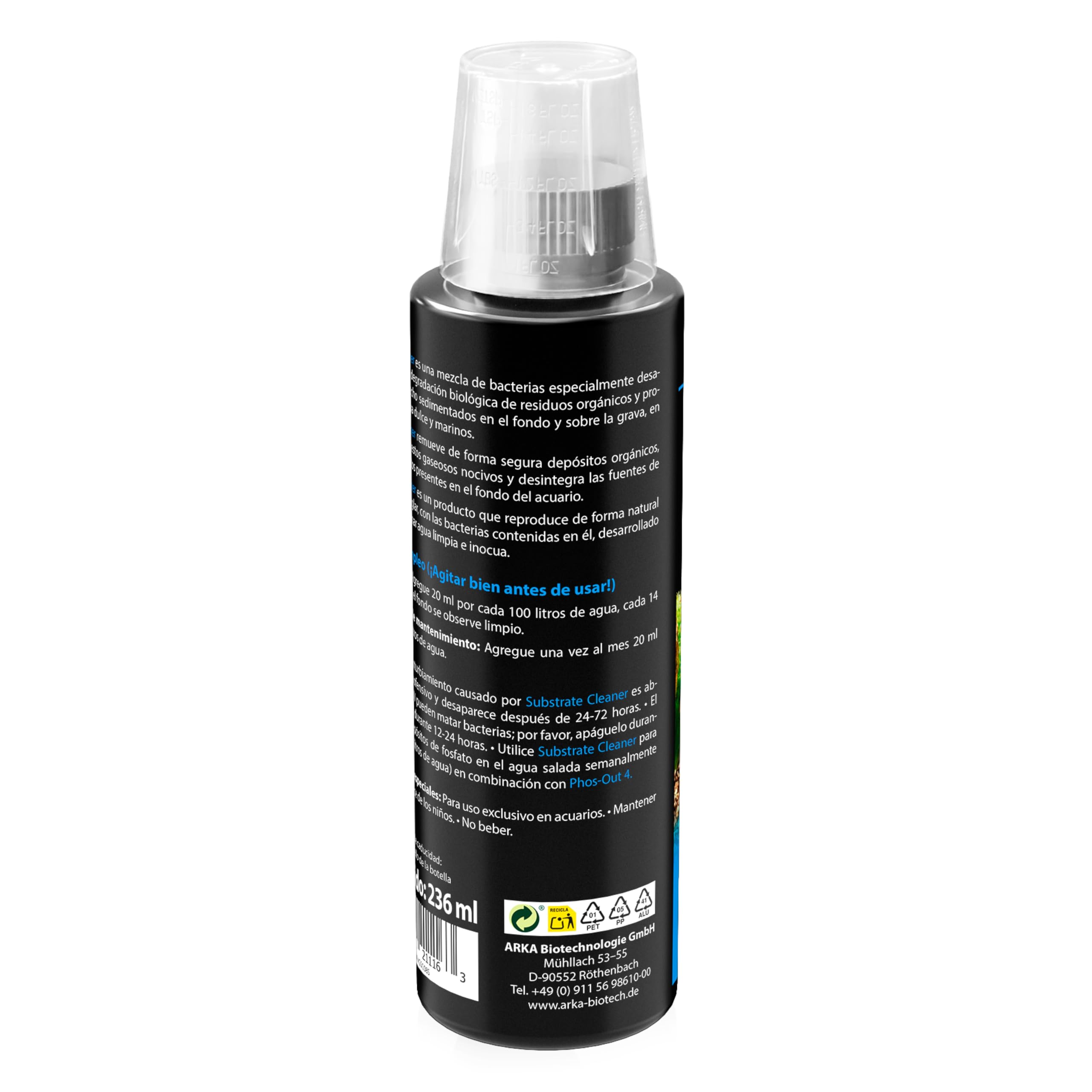 Limpiador Fondo Acuario 236 ml – ARKA Substrate Cleaner – 100% biológico con bacterias vivas – Elimina Lodo, restos y Suciedad – sin sifón ni Tubo – Agua Clara en Dulce y Marino