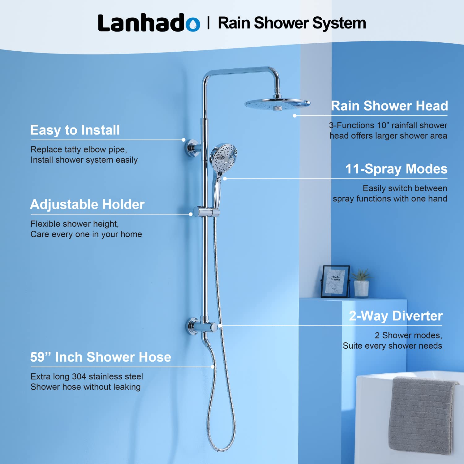 Shower System Slide Lanhado 10� Rain Shower System with 11+1 Multi Functions Handheld Spray High Pressure Shower Faucet Set Shower Slide Bar Chrome Polished