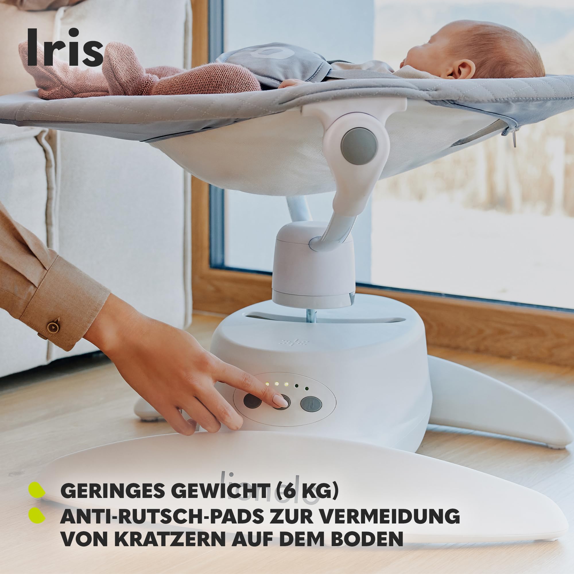 LIONELO Iris Elektrisch Babywippe 360o drehbar für Babys bis zu 9 kg | Verstellbare Rückenlehne, 5 Wiegegeschwindigkeiten Rutschfester Sicherheitsgurt, 12 Melodien Bügel mit Spielzeug Babypflege