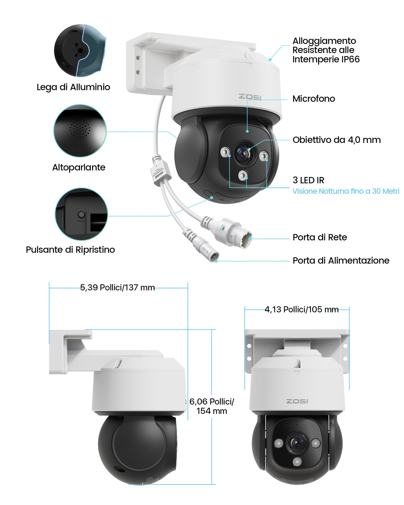 ZOSI 4K PoE PTZ Telecamera di Sorveglianza per Esterni, Rilevamento Persone/Veicoli/Volti, Auto-tracking, Audio Bidirezionale, Visione Notturna IR, Compatibile SOLO con 4K PoE NVR, C290