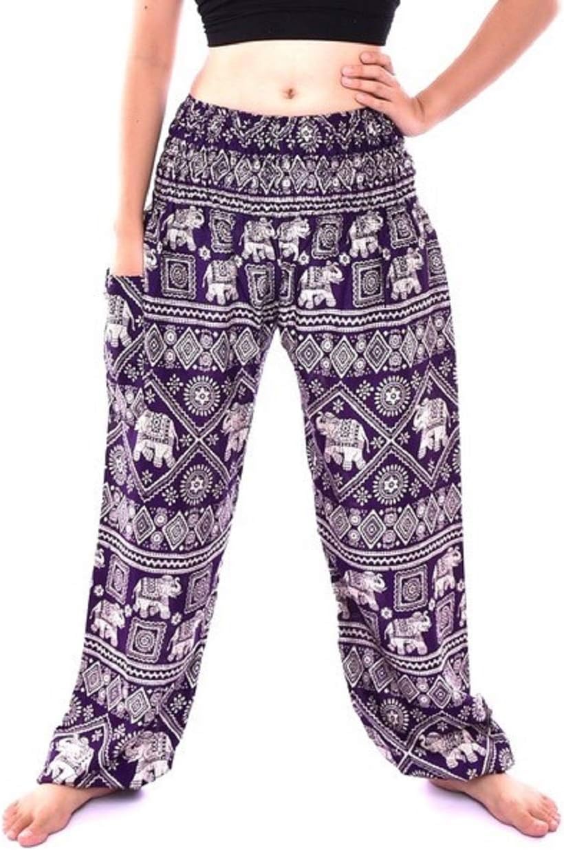 BohotuskWomens Harem Pants Baggy Hippie Boho Patterned High Waist Smocked Waist for Girls with Pockets Lounge Trousers for Yoga Summer Beach Sizes UK 8 to 20