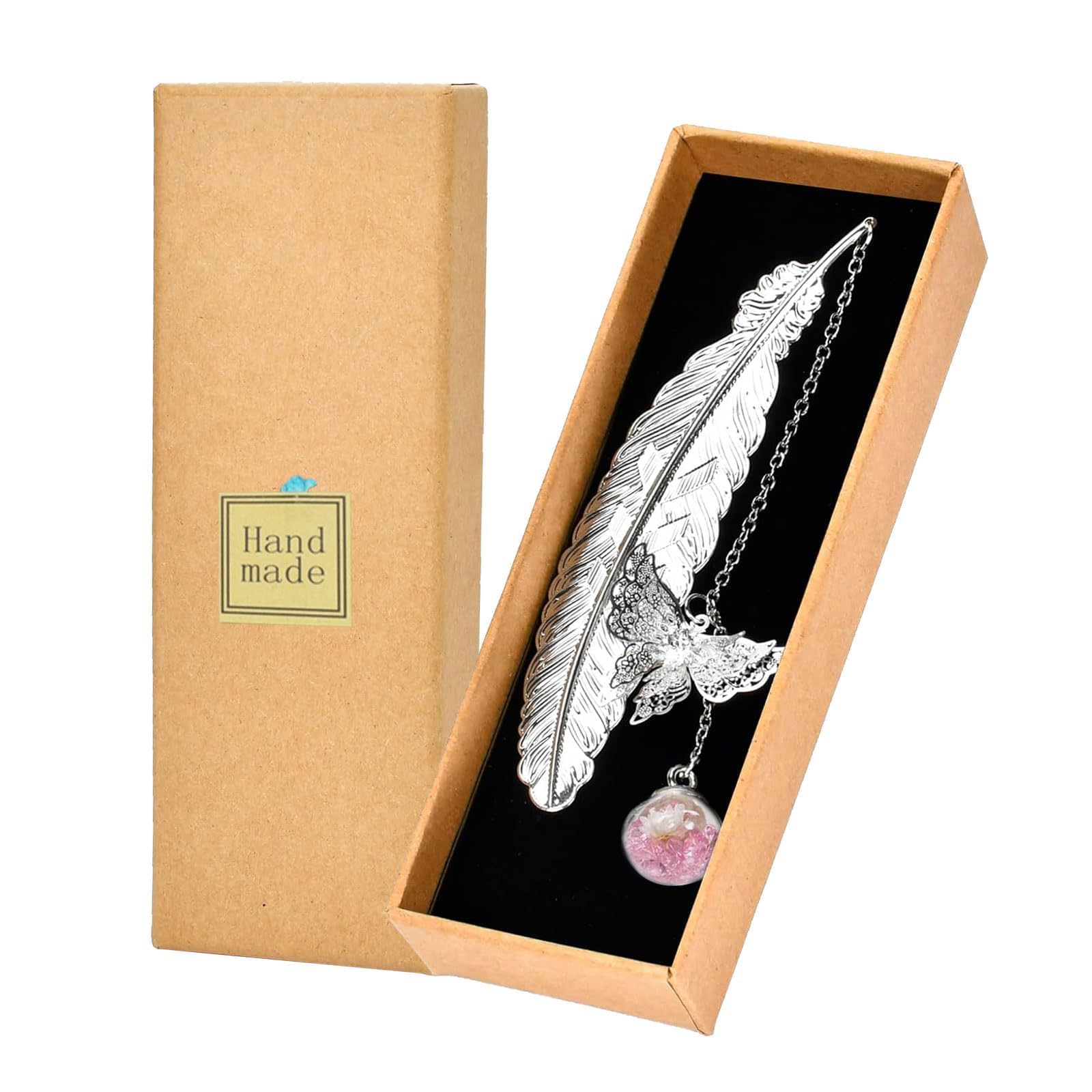 CLKE Silver Feather Bookmark with Butterfly Charm, Metal Feather Bookmarks with 3D Butterfly and Dry Flower Pendant, for Women, Readers, Gift Box Ready