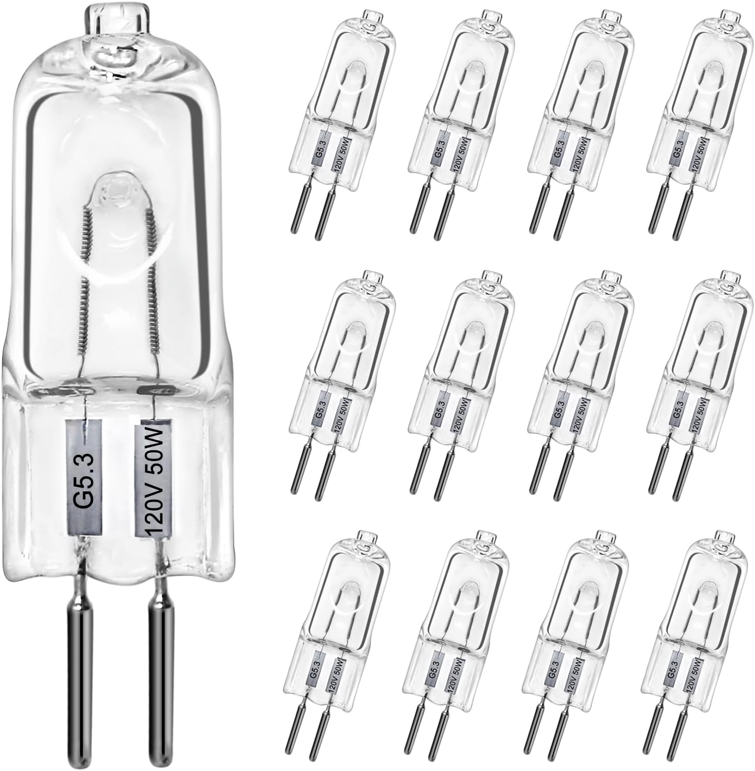G5.3 Halogen Bulbs,120v 50w Bulb Mini Spotlight Bulbs 2 Pin Clear Capsule Lamp Bulb,Dimmable 2700K Warm White Light Bulbs (12 Pack)