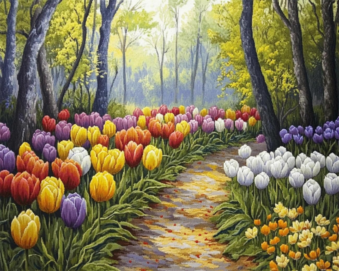 RKFLGEW Landscape 14CT Cross Stitching Kit Colorful Tulips Preprinted Fabric Cross Stitch DIY Art Needlecrafts Embroidery Kits for Adults Beginners 40x50cm