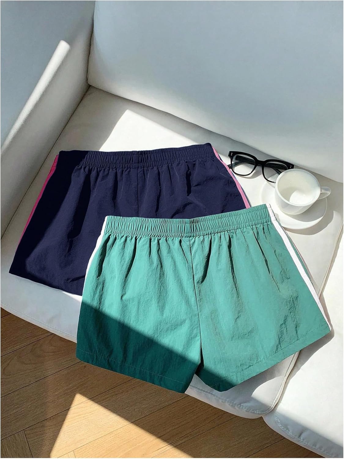MakeMeChic Women's 2 Pack Striped Running Shorts Summer Track Workout Athletic Shorts