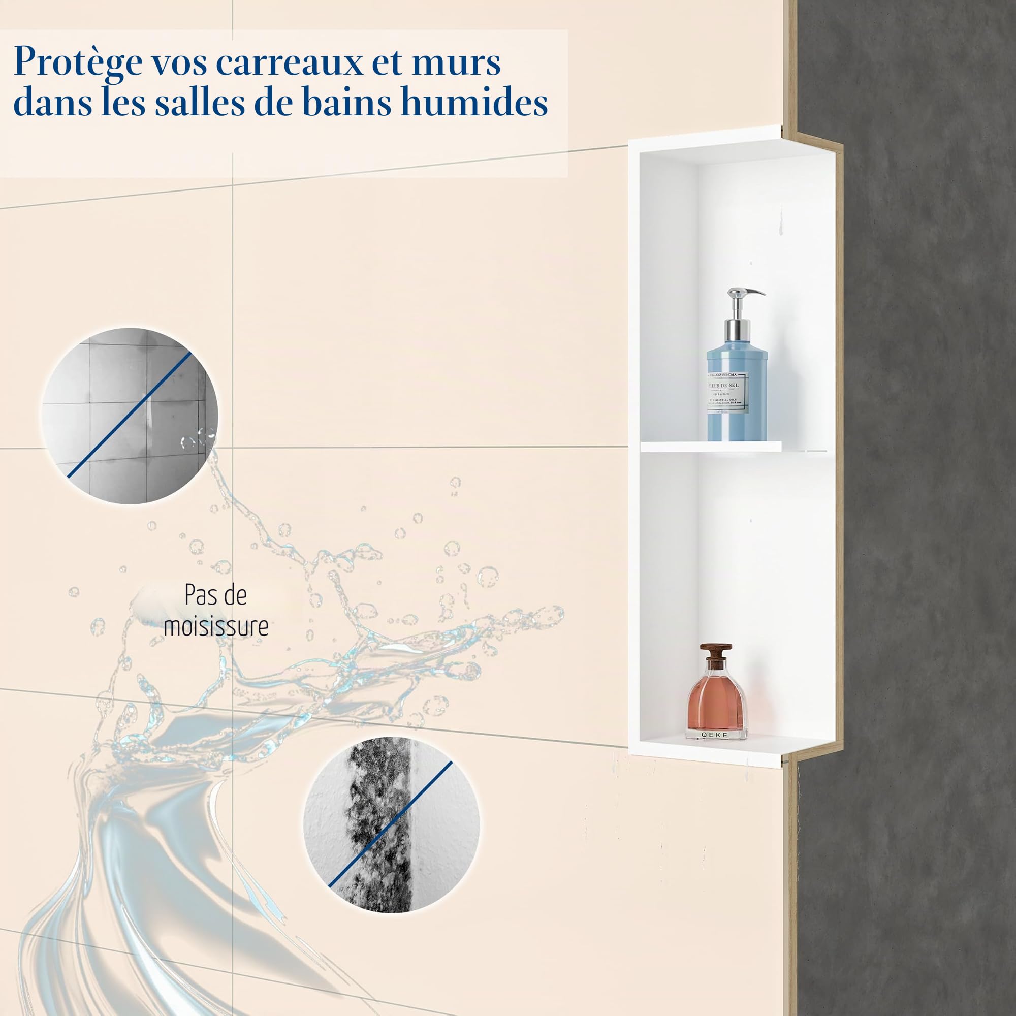 Qeke Niche de douche inox 304 avec cadre, 2 niveaux, 20cm, Blanc | étagère encastrée, antirouille, étanche, facile à nettoyer, drainage efficace, plusieurs tailles, rangement salle de bain