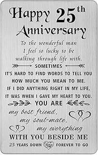 TANWIH Happy 25th Wedding Anniversary Card Gifts for Him Husband, 25 Year Anniversary Cards Gift for Men, Engraved Metal Wallet Insert