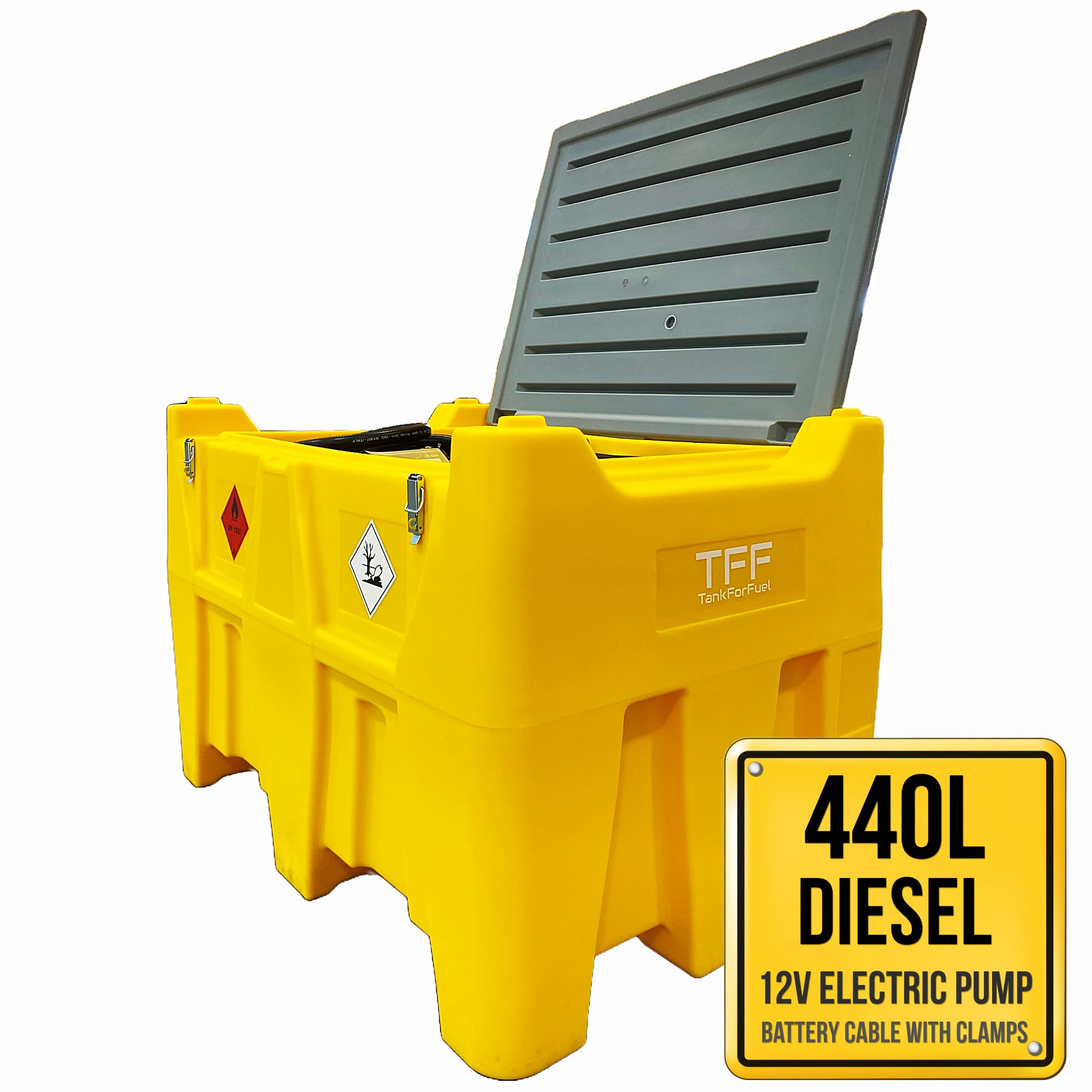 TFF Réservoir Diesel Portable, 440 Litres avec Pompe à Carburant 12V DC débit 40 l/min. Pompe à Diesel avec Câble Connexion Batterie et Tuyau Flexible 4 m avec Pistolet de Ravitaillement Automatique