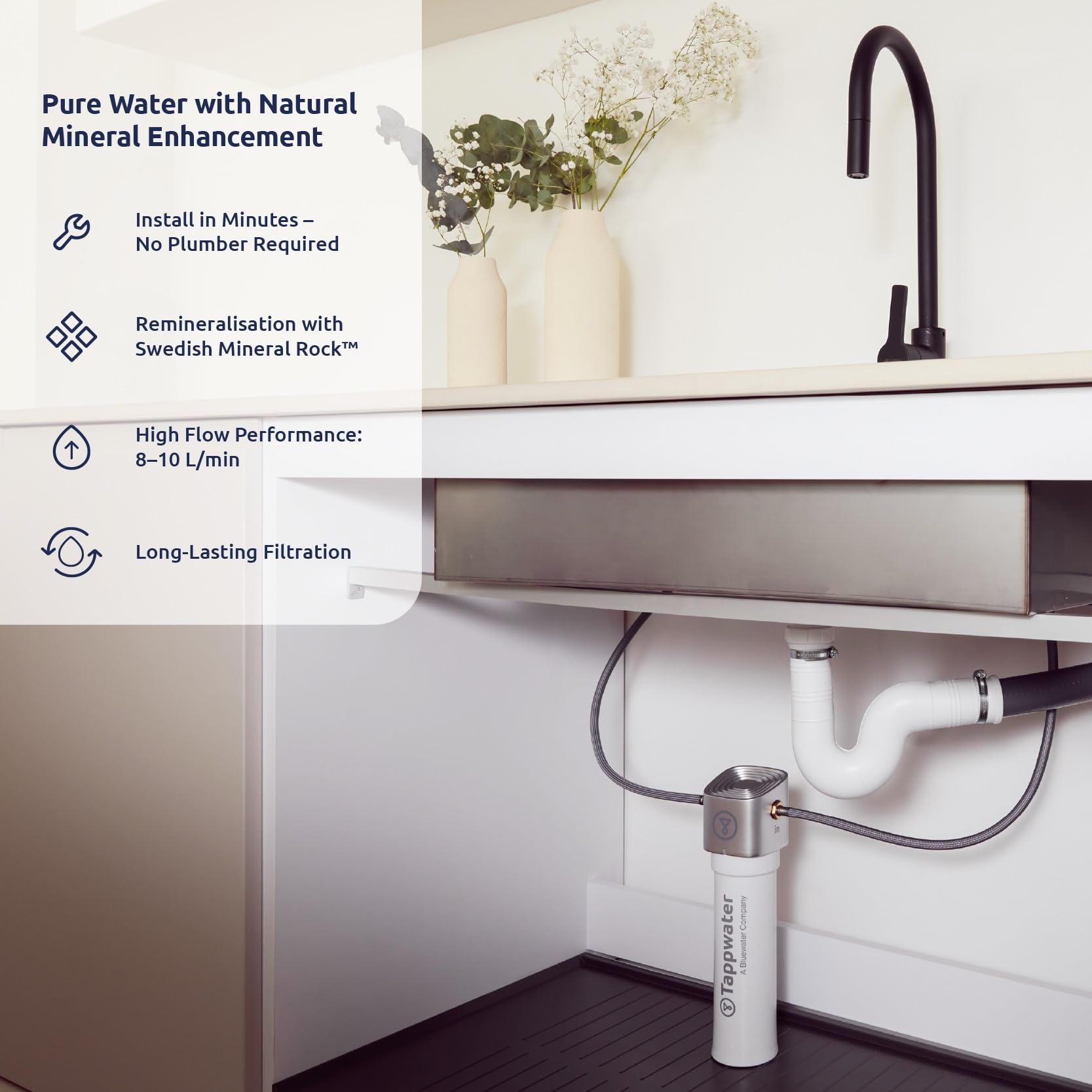 Tappwater InlinePro SMR Filtro acqua sottolavello 5 in 1 con rimineralizzazione naturale, alta capacità filtrante, rimuove +100 contaminanti, installazione rapida, sistema invisibile sotto il lavello