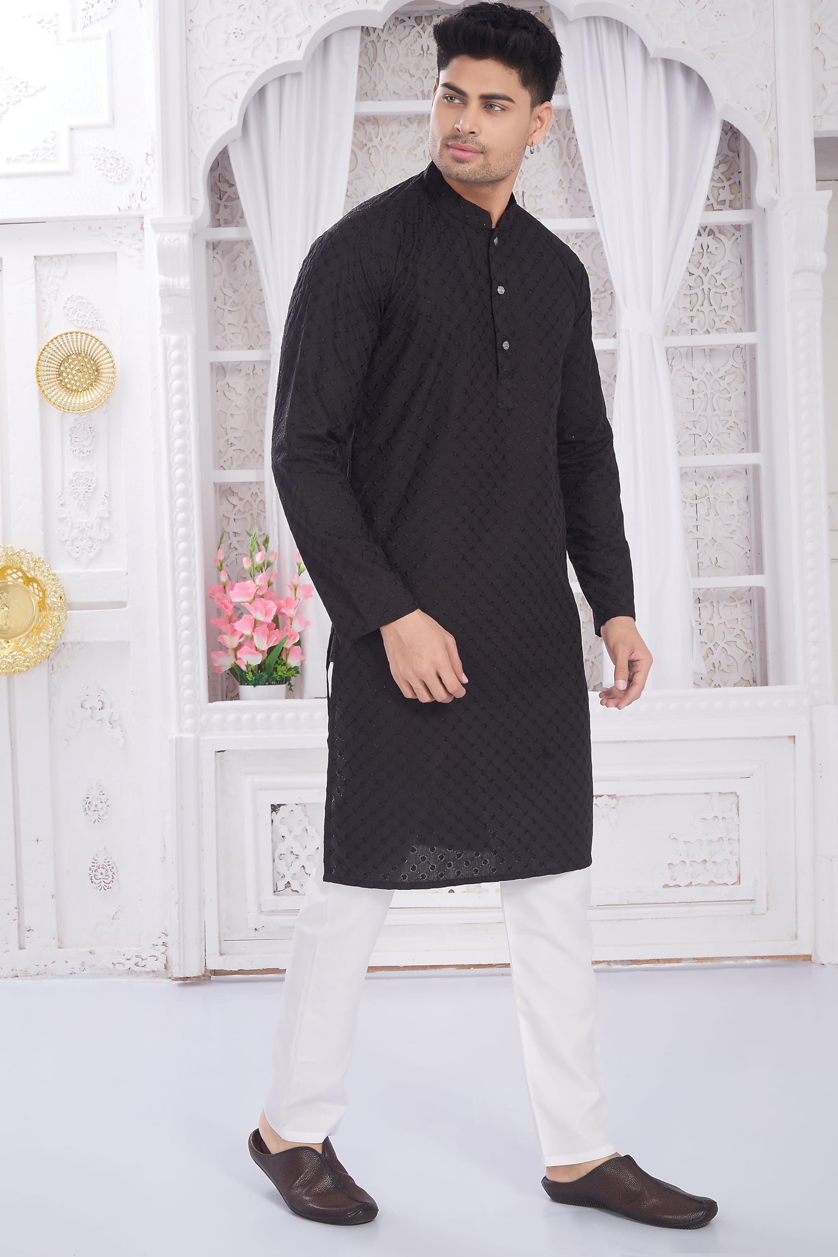 Divisive Men's Thread Embroidered Cotton Only Slim Fit Kurta (Dkrt635_S_Black)