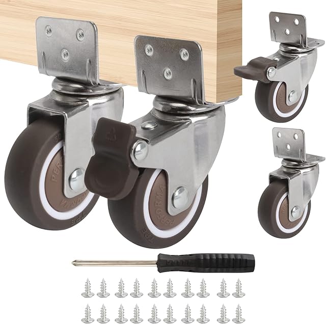 4Pcs Heavy Duty Castor Wheels, 50 mm Swivel Castors Set with 20 ScrewsPhillips Screwdriver, Rotatable L-Shaped Trolley Furniture Caster for Cribs Furniture Flower Stand (2 xStandard+2 xBrake)