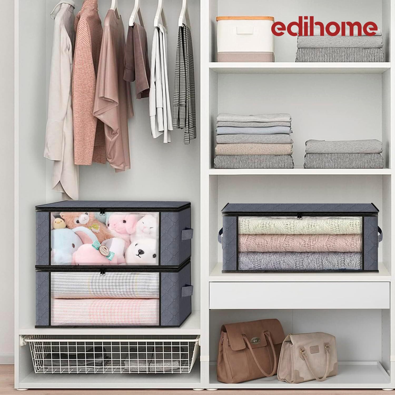 edihome, Scatole per Armadio, (3 unità), Contenitori Sottoletto, Salvaspazio, in Tessuto, Pieghevole, Scatole Vestiti Cambio Stagione (Grigio scuro, Pack di 3)