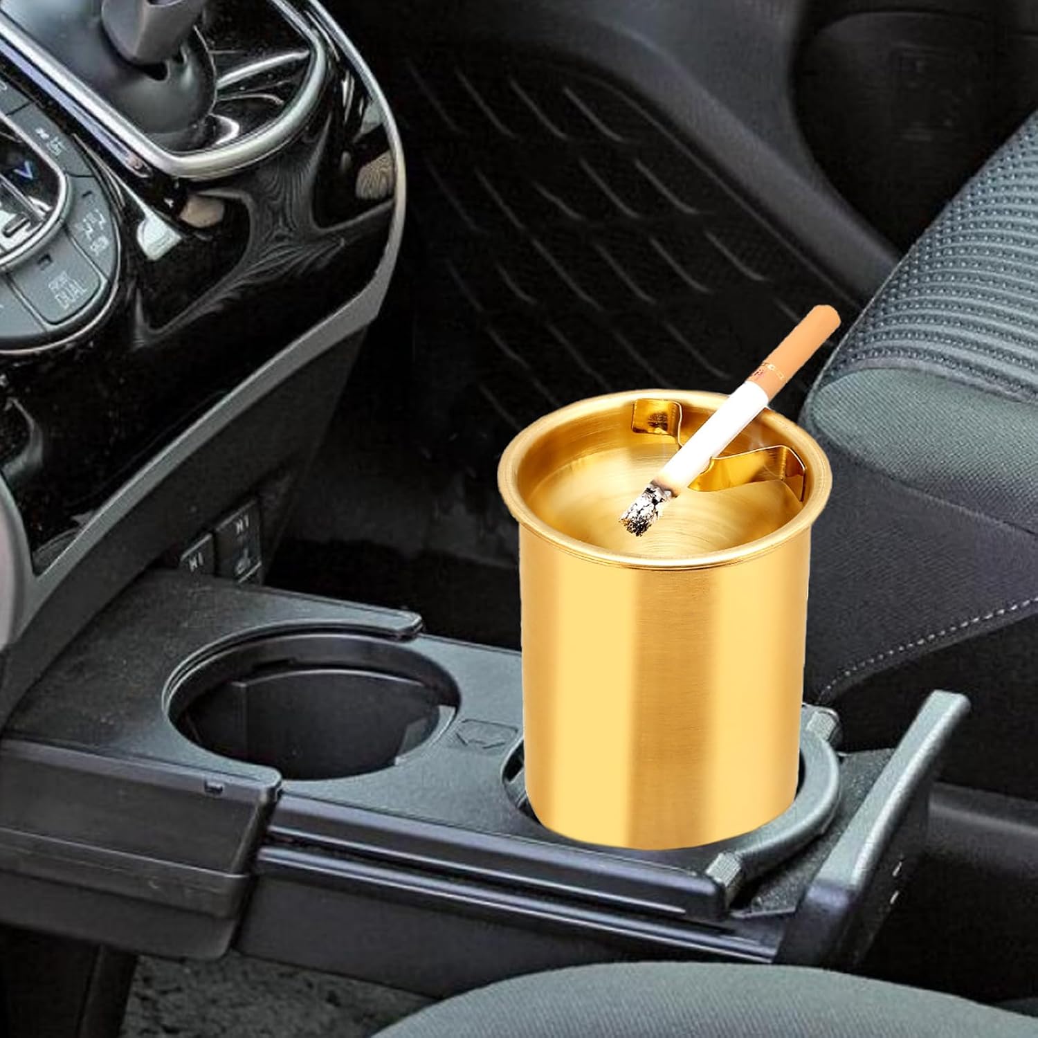 Car Ashtray with Lid, Portable Smell Proof Smokeless Auto Ash Tray for Car Cup Holder, Detachable Windproof Stainless Steel Mini Vehicle Cigarette Trash Can for Home Office Outdoor Travel (Gold)