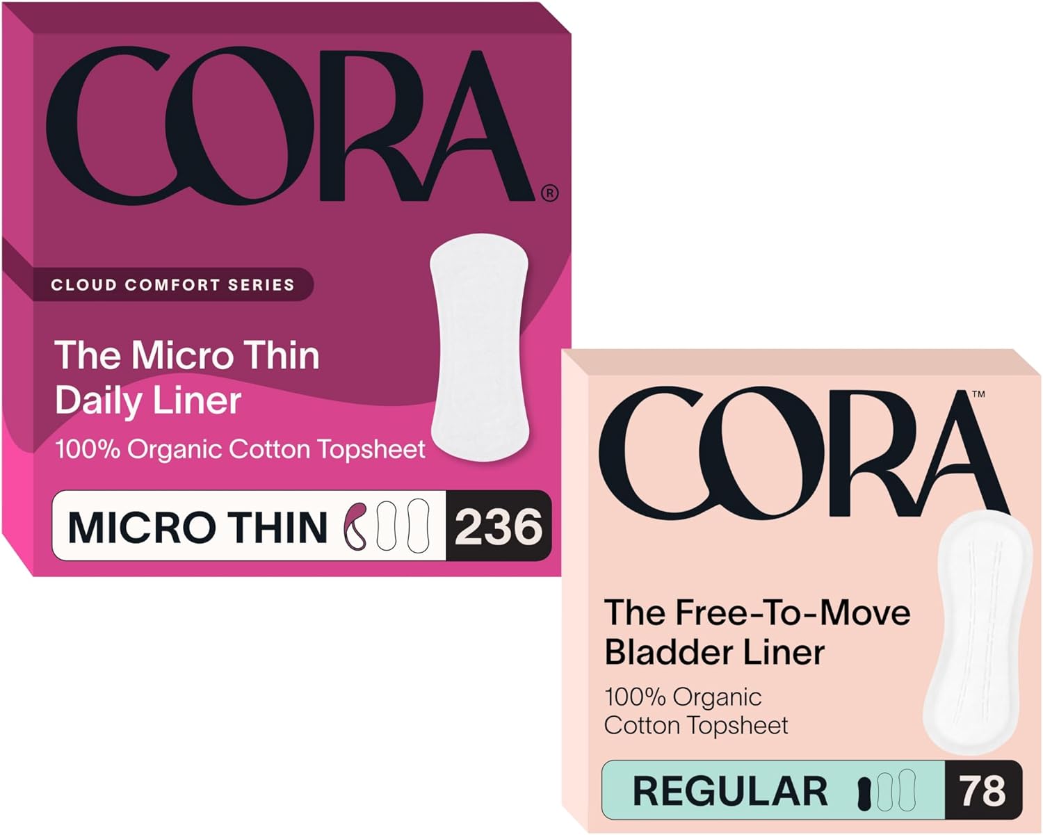 Cora Organic Cotton Feminine Care Bundle | 236 Micro Thin Daily Panty Liners and 78 Regular Bladder Liners | Ultra Thin Postpartum Protection | Unscented