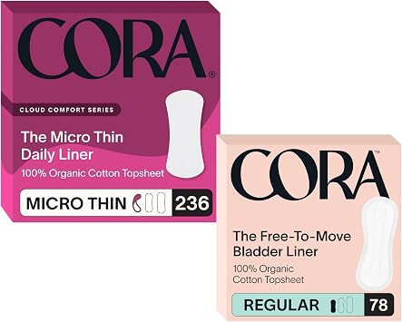 Cora Organic Cotton Feminine Care Bundle | 236 Micro Thin Daily Panty Liners and 78 Regular Bladder Liners | Ultra Thin Postpartum Protection | Unscented
