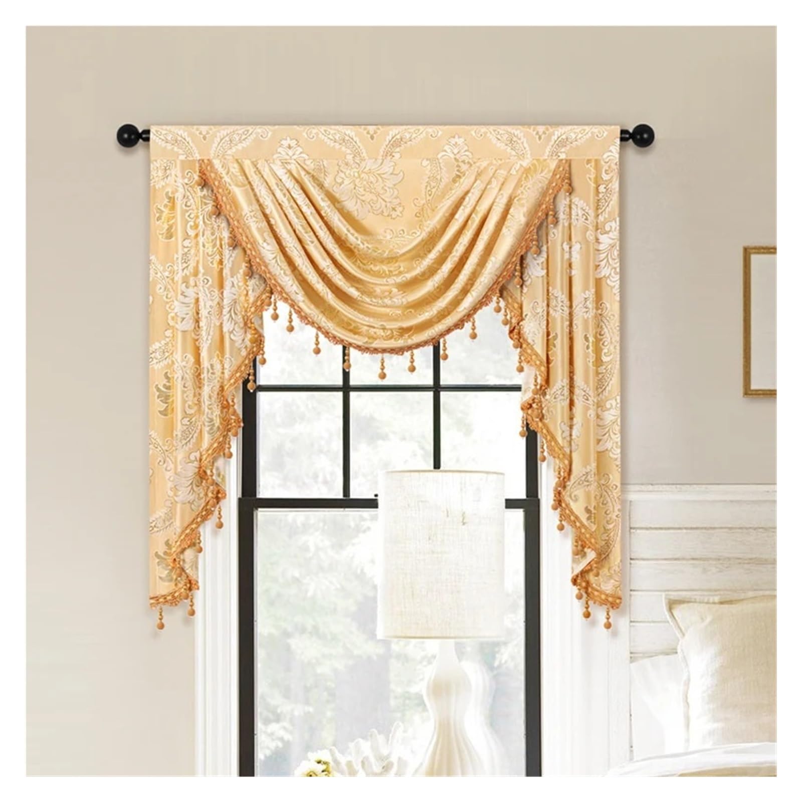 MFESFCS Swags For Windows 1pc Jacquard Fabric Waterfall Curtain Valance,Rod Pocket,1 Swag Valance For Home Decoration(Gold)