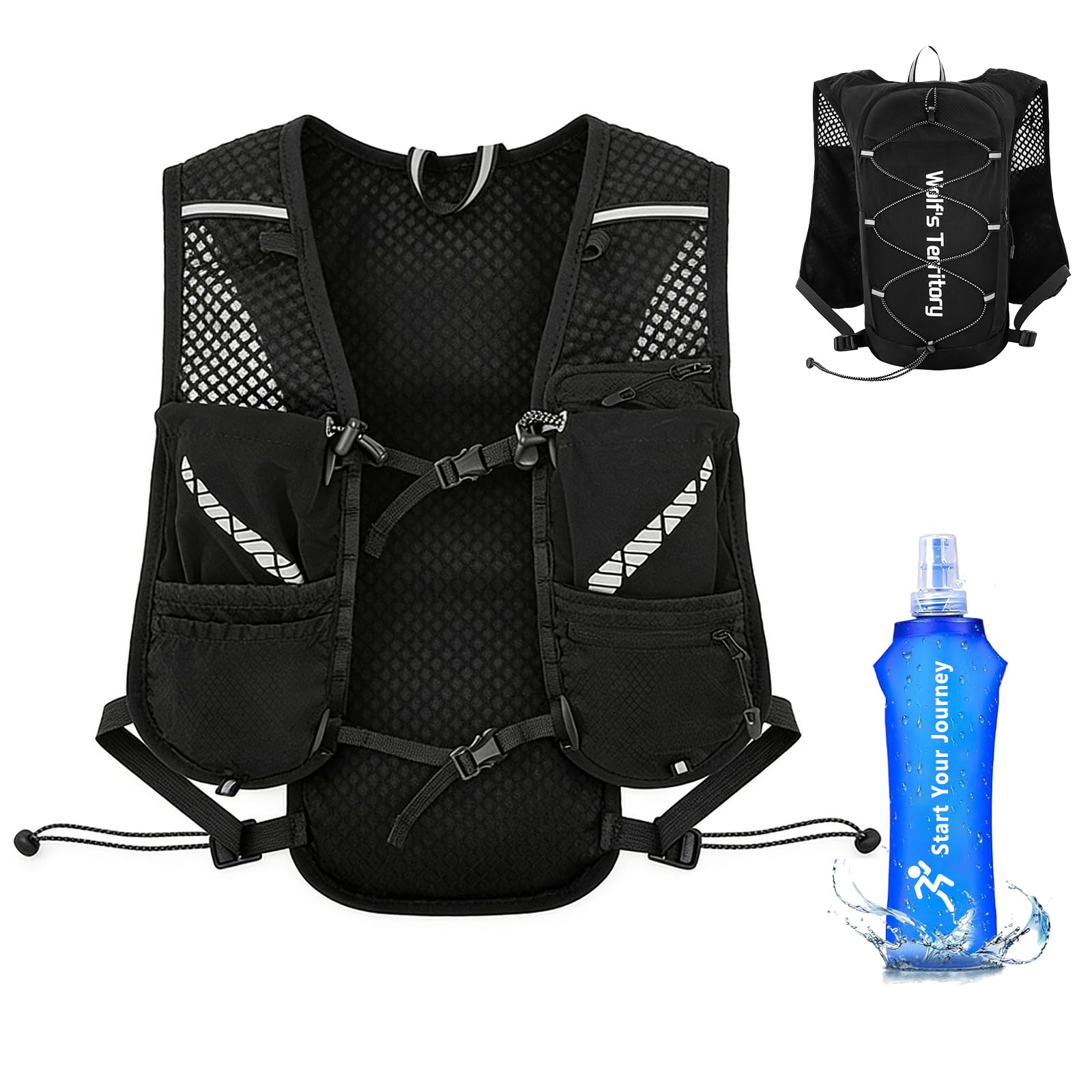 Laufweste mit 500ml Wasserflasche für Damen & Herren, Ultraleicht Reflektierender Trinkrucksack Trinkweste, Verstellbare Brustgurte Laufweste Hydration Pack für Laufen, Trails, Radfahren, Marathons