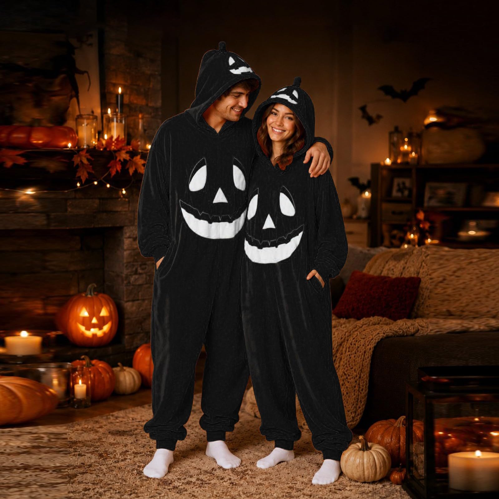Generisch Pigiama intero in peluche per Halloween, unisex, oversize, con cappuccio, per cosplay, pigiama da notte morbido e caldo, tuta casual per uomo e donna