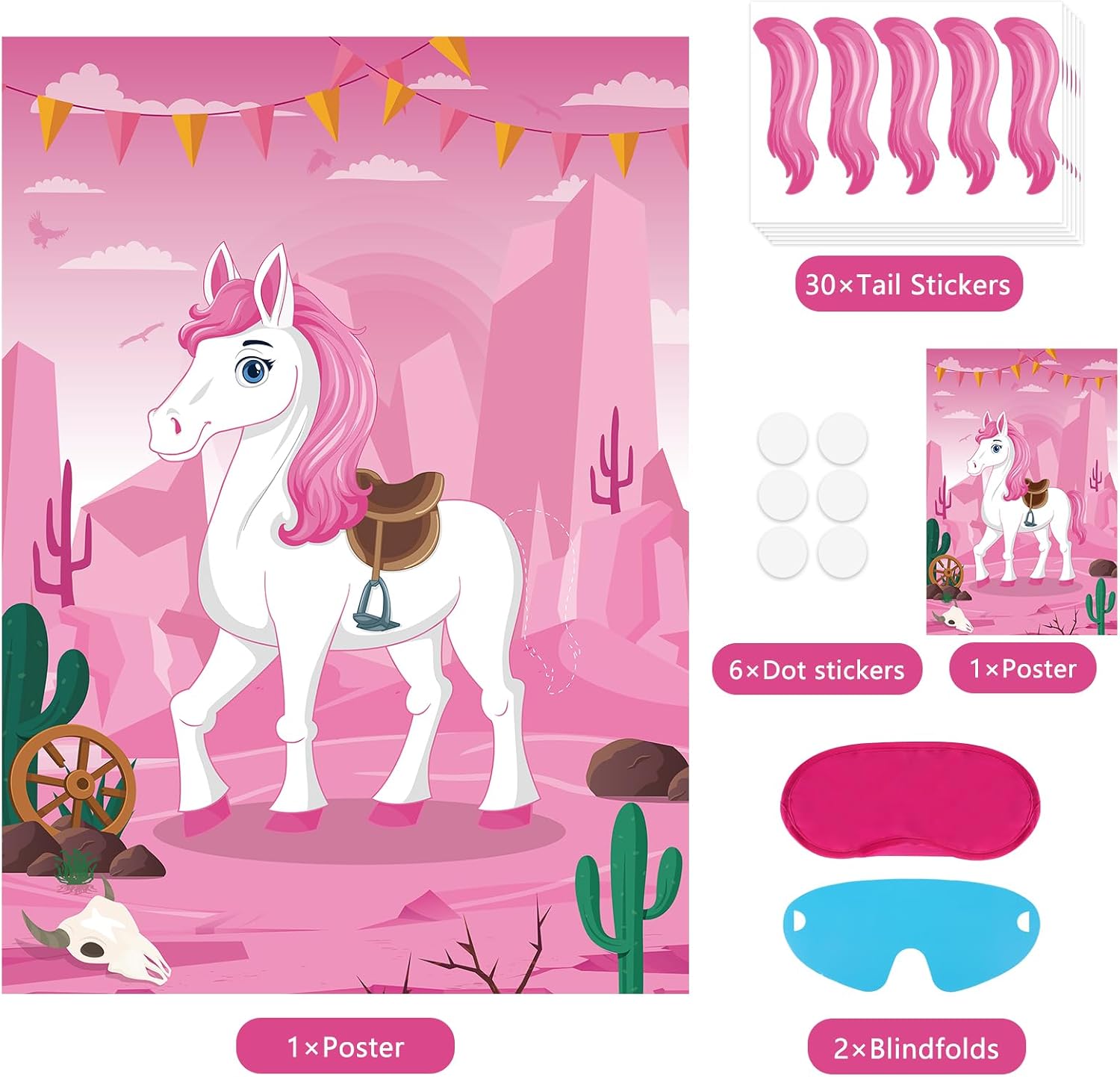 Pin The Tail On The Horse Game Pink Western Birthday Party Decorations Western Party Supplies Large Horse Game Poster with 30 Tail Stickers