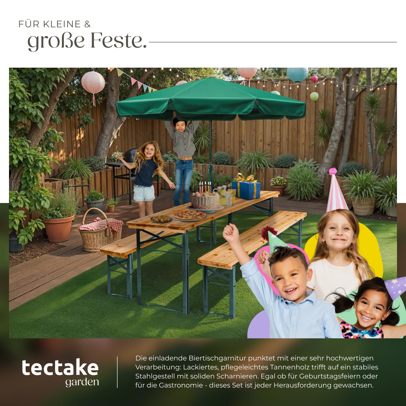 tectake® Bierzeltgarnitur mit Tisch und 2X Bierbank, mit Schirmhalterung und 12 Bodenschoner Bierzeltgarnitur, Balkon Möbel mit 1x Klapptisch und 2X Bierbänke, klappbar, 170 x 46 x 78 cm, lackiert
