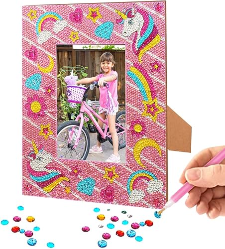 Kit de manualidades con marco de arte de diamante de unicornio para niños mayores de 6 años con calcomanías de arte de diamantes y madera